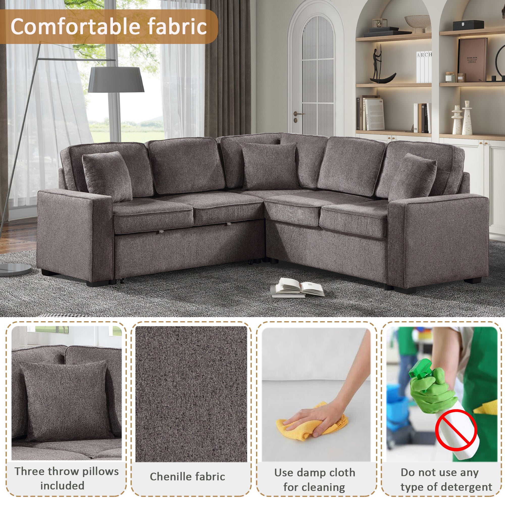 Louie Sleeper Sectional, Couch L Shape - Brown