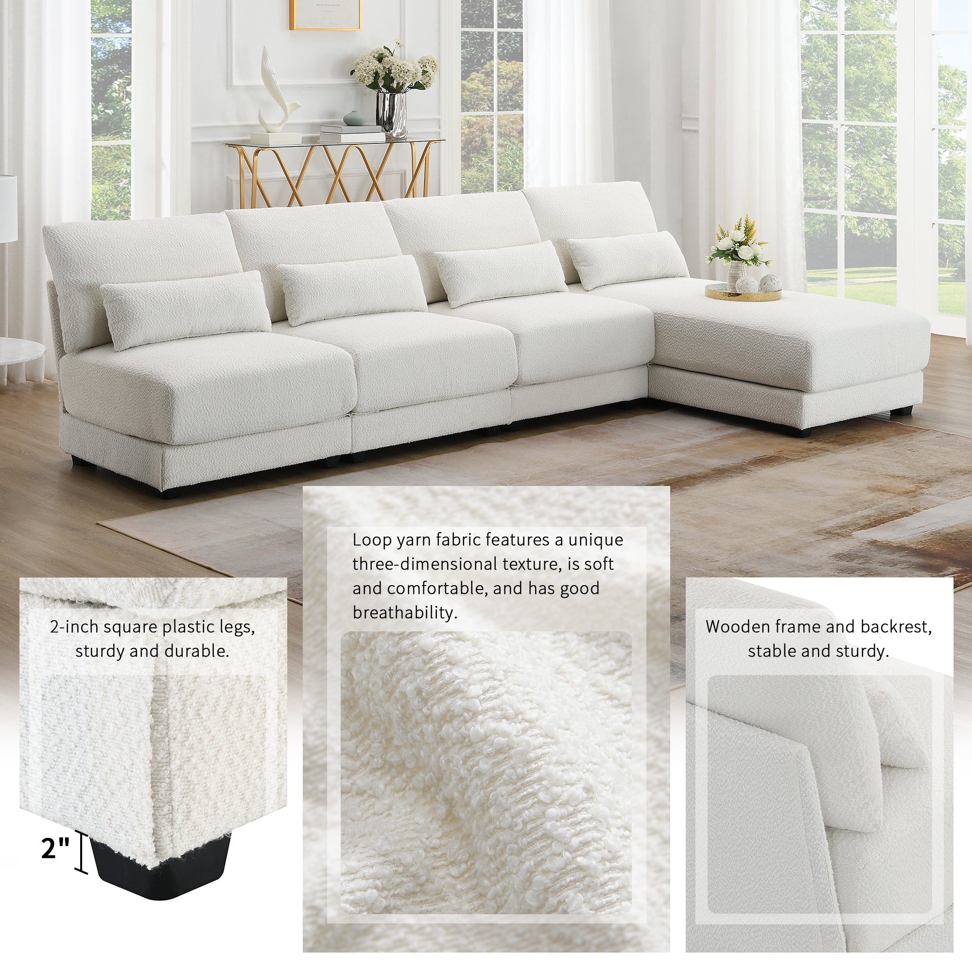 L Shape Couch, Deep Seat Sectional Sofa with Reversible Chaise, Cream