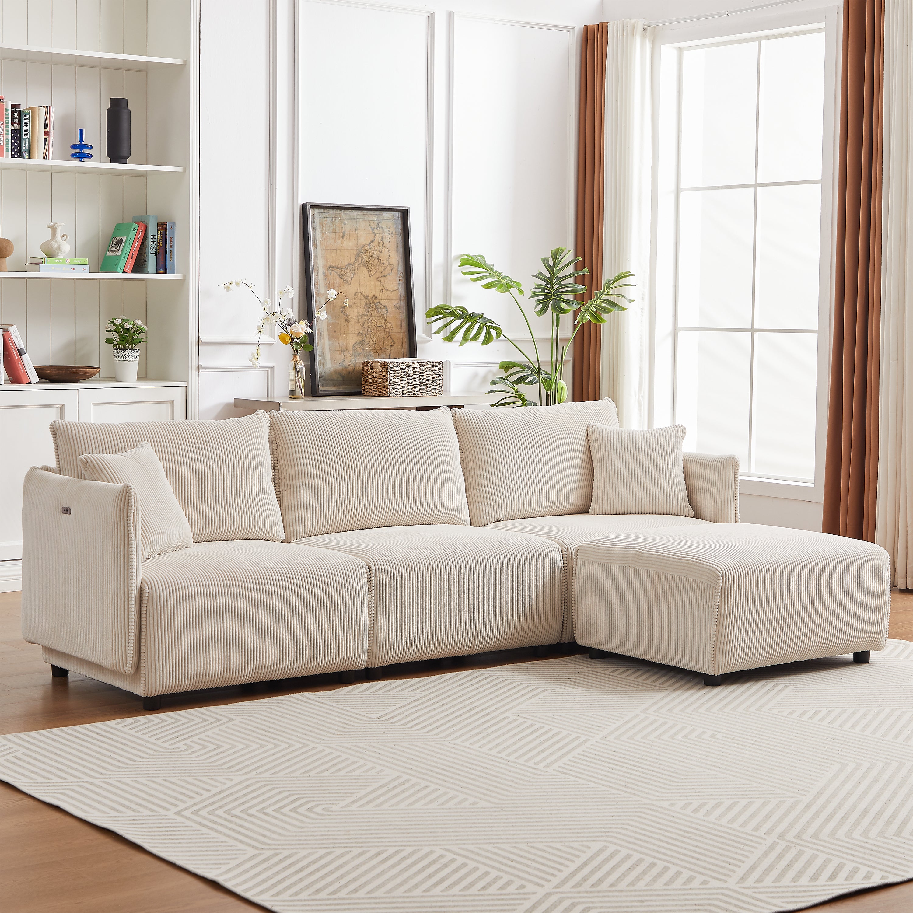 L Shape Modular Sectional Sofa, Corduroy Couch with Ottoman - Beige