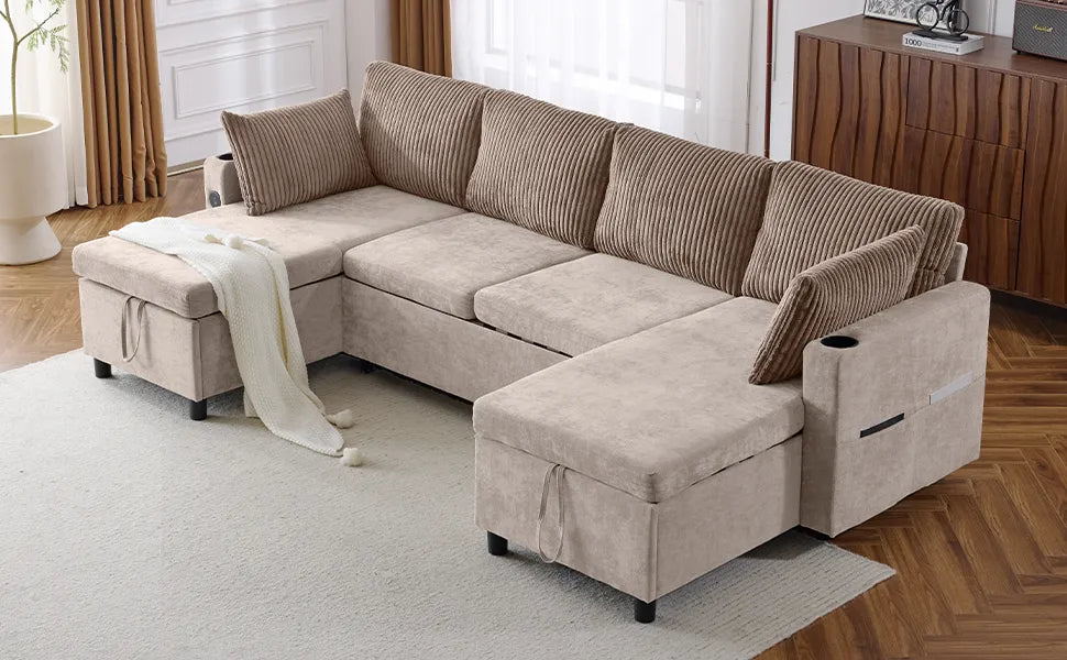 Corduroy Couch with Chaise Sleeper, Sectional Sofa Pull-Out, Brown