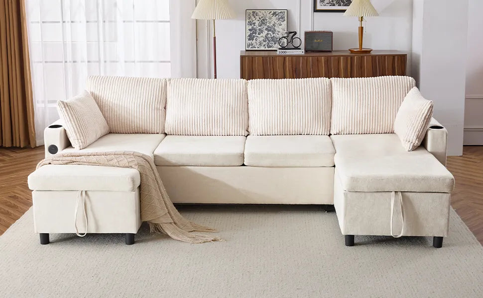 Corduroy Couch with Chaise Sleeper, Sectional Sofa Pull-Out, Beige