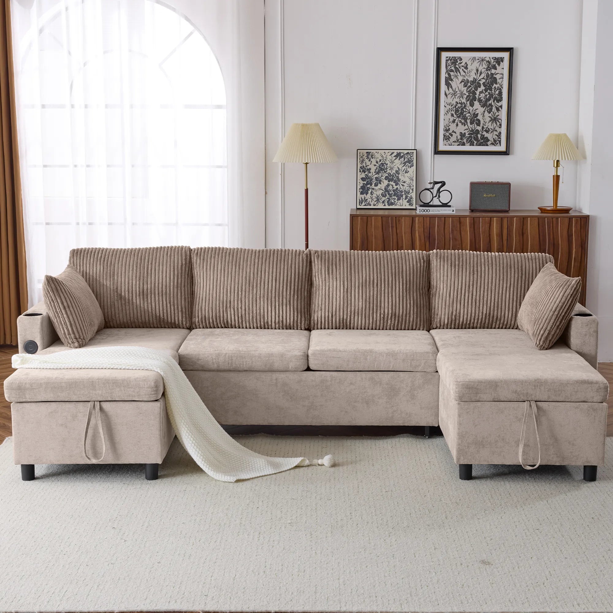 Corduroy Couch with Chaise Sleeper, Sectional Sofa Pull-Out, Brown