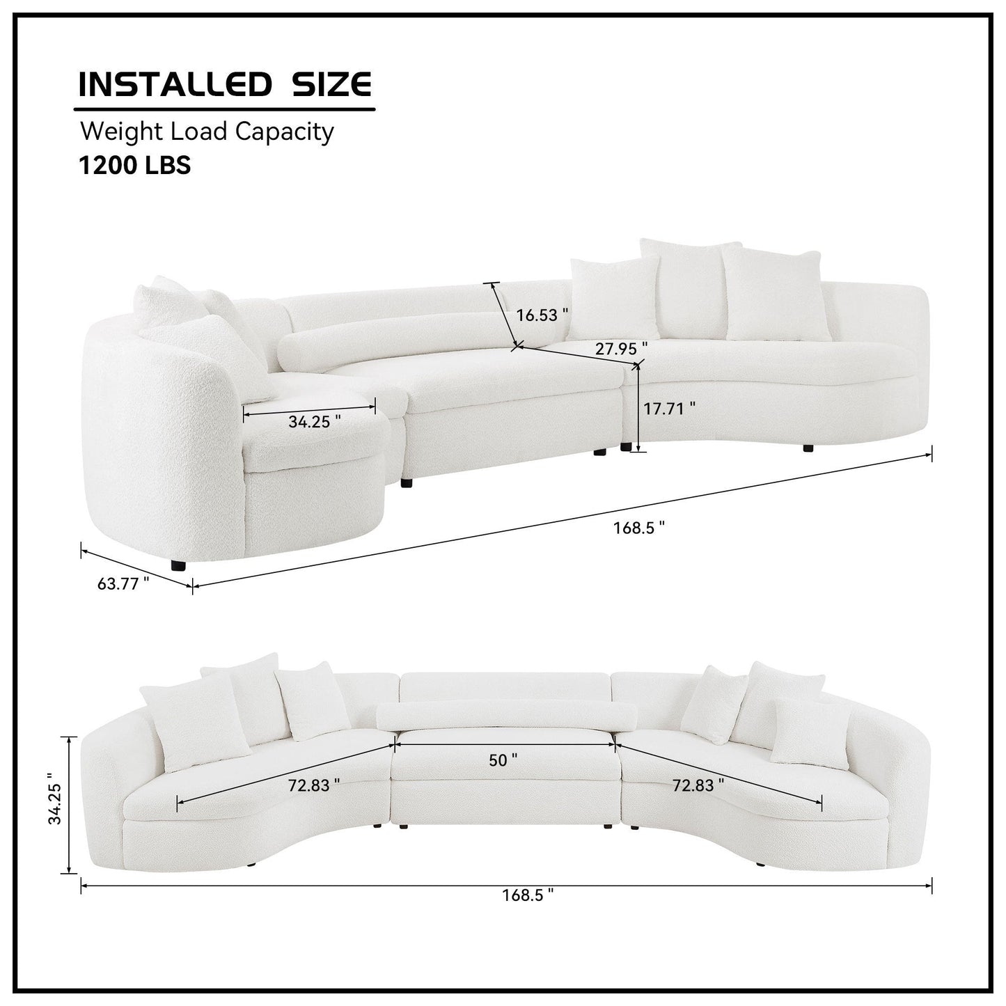 Modern Large Sectional Couch, Upholstered Curved Sofa, White