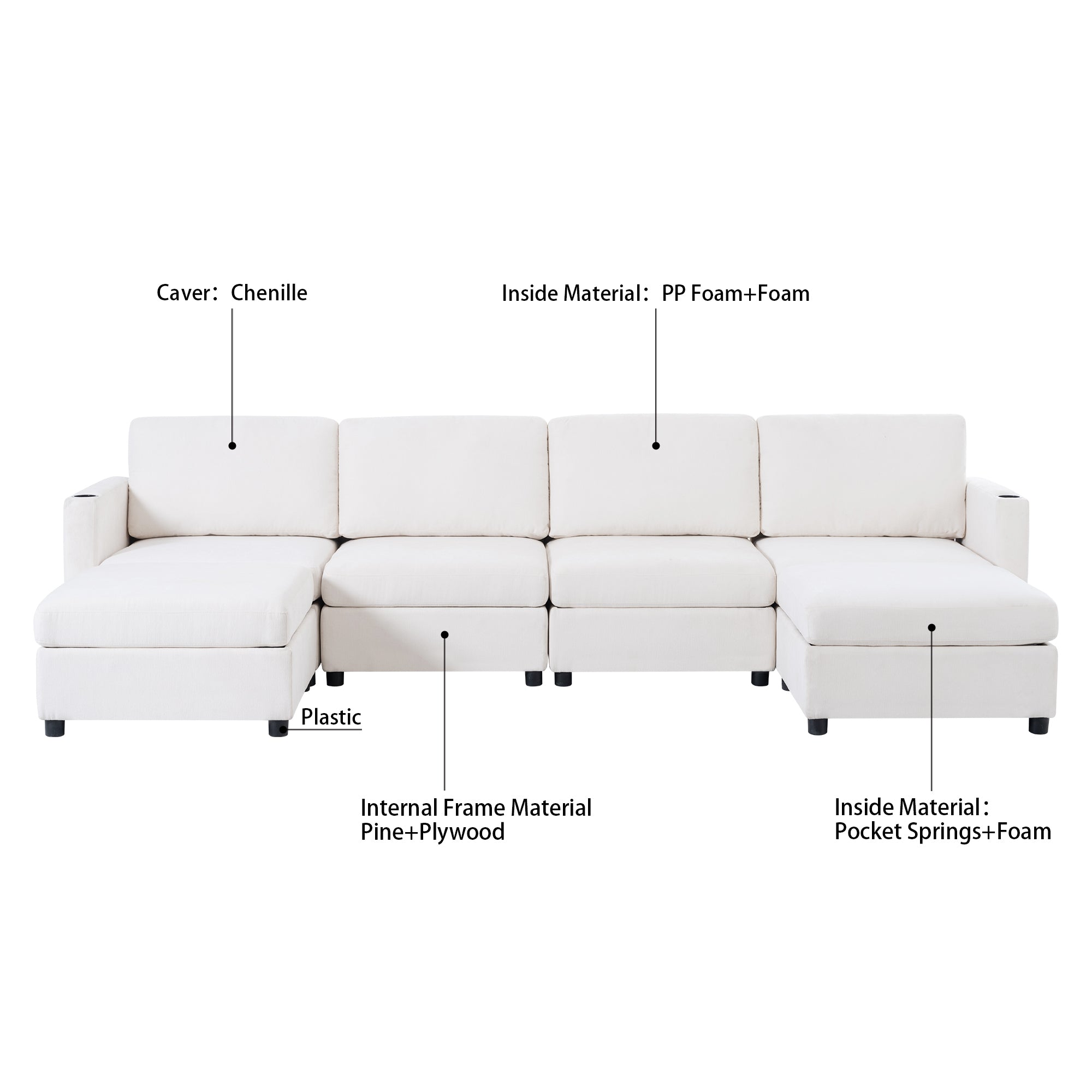 Large Sectional Couch with Storage, Sofa with Chaise- Beige