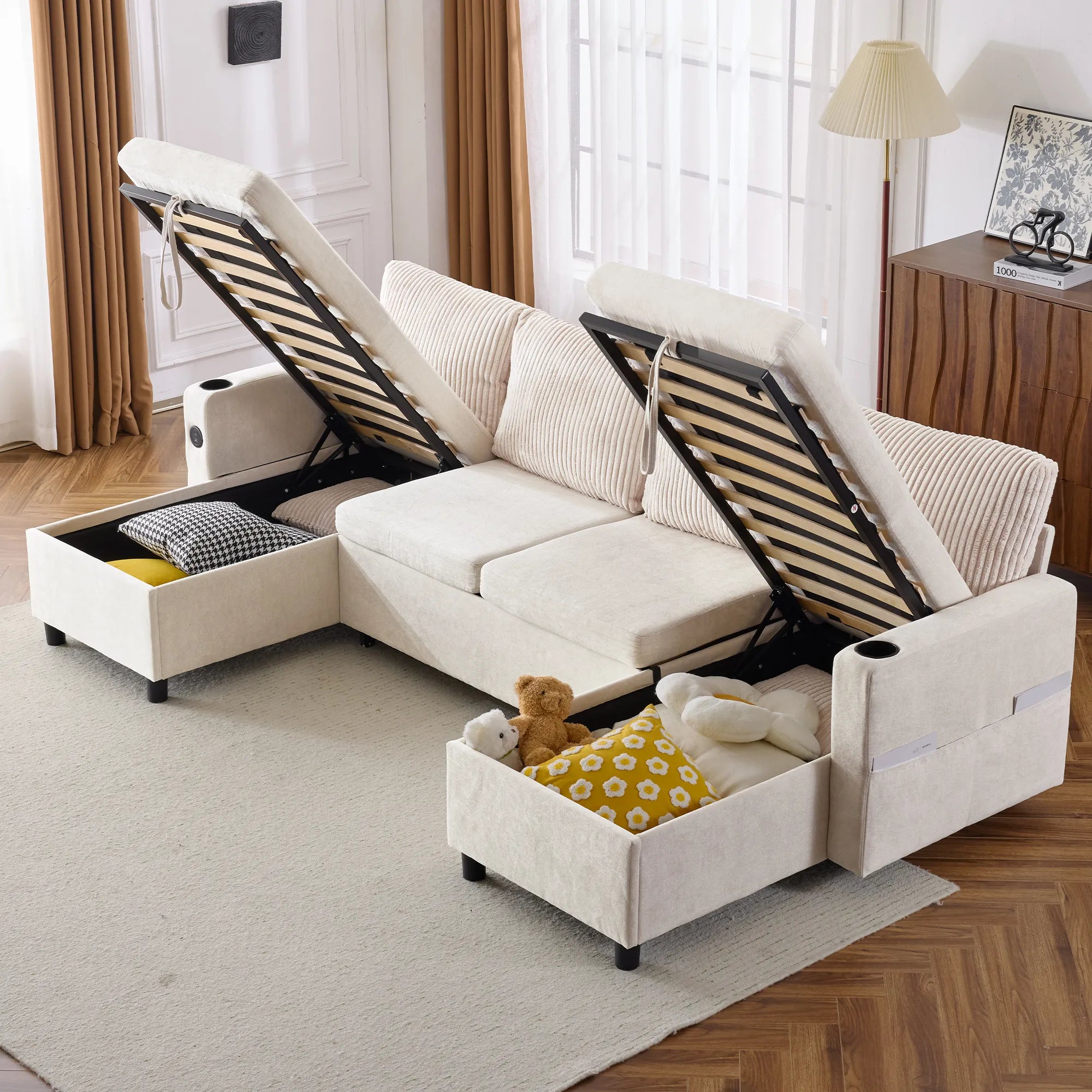 Corduroy Couch with Chaise Sleeper, Sectional Sofa Pull-Out, Beige