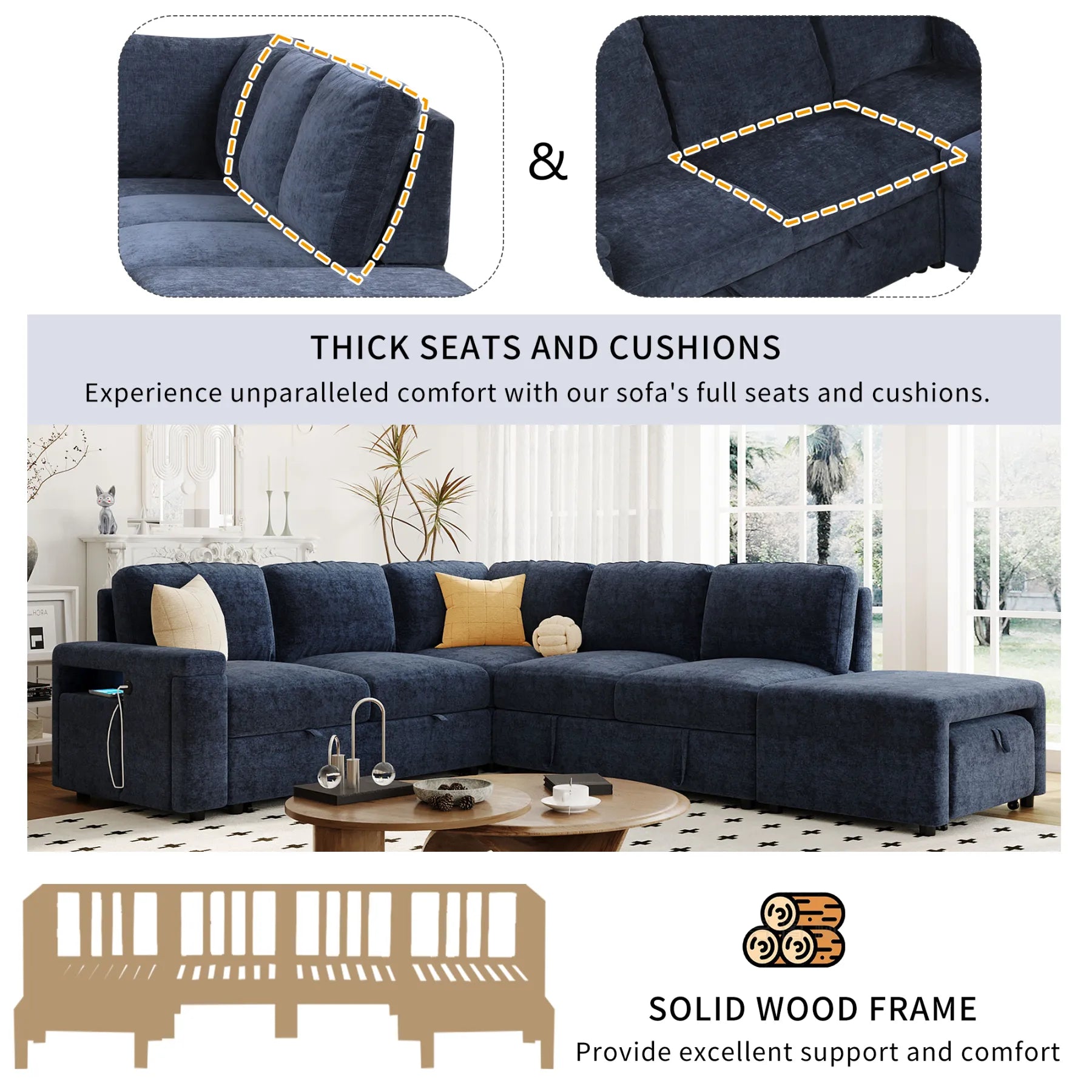 Sleeper Sectional, Sofa L Shape, Couch with Ottoman and Storage, Blue