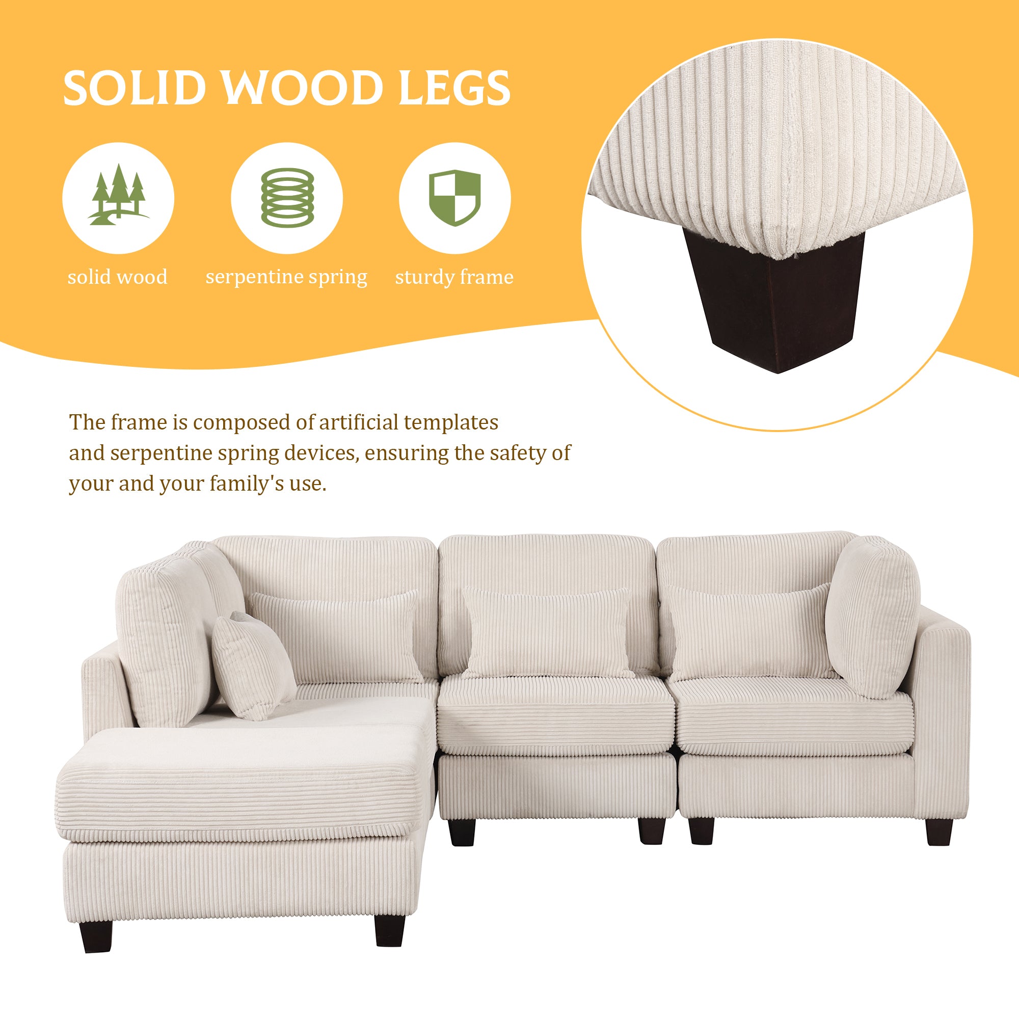 Louie Modular Sectional Sofa, Corduroy Couch with Ottoman - Beige