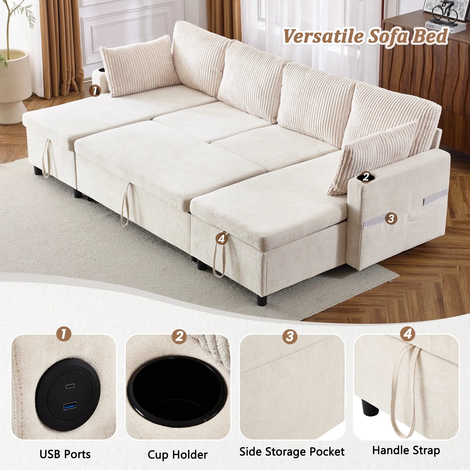 Corduroy Couch with Chaise Sleeper, Sectional Sofa Pull-Out, Beige