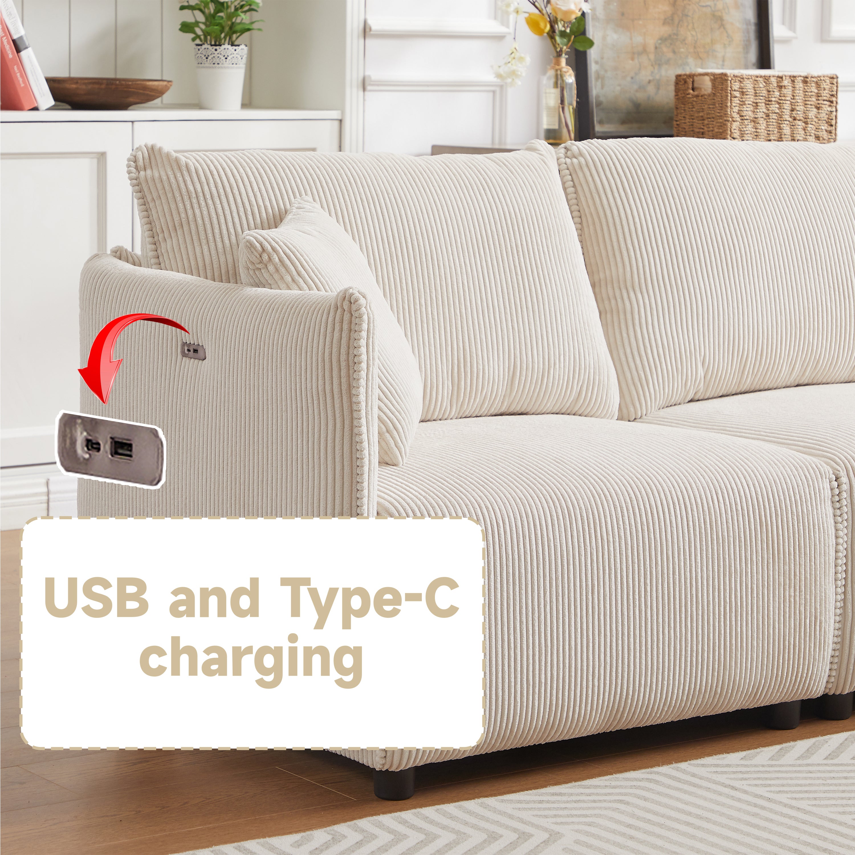L Shape Modular Sectional Sofa, Corduroy Couch with Ottoman - Beige