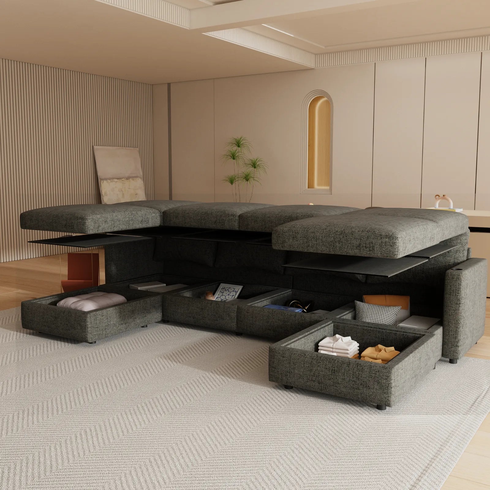 Large Sectional Couch with Storage, Sofa with Chaise- Gray