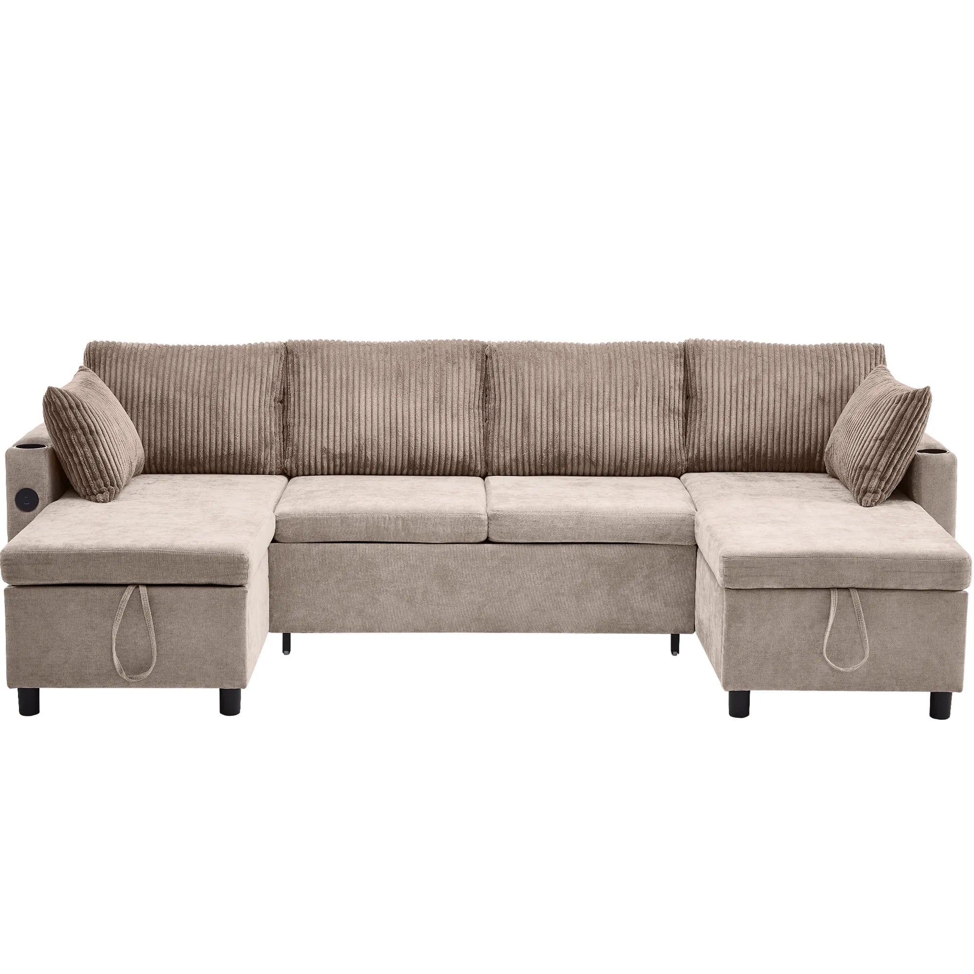 Corduroy Couch with Chaise Sleeper, Sectional Sofa Pull-Out, Brown
