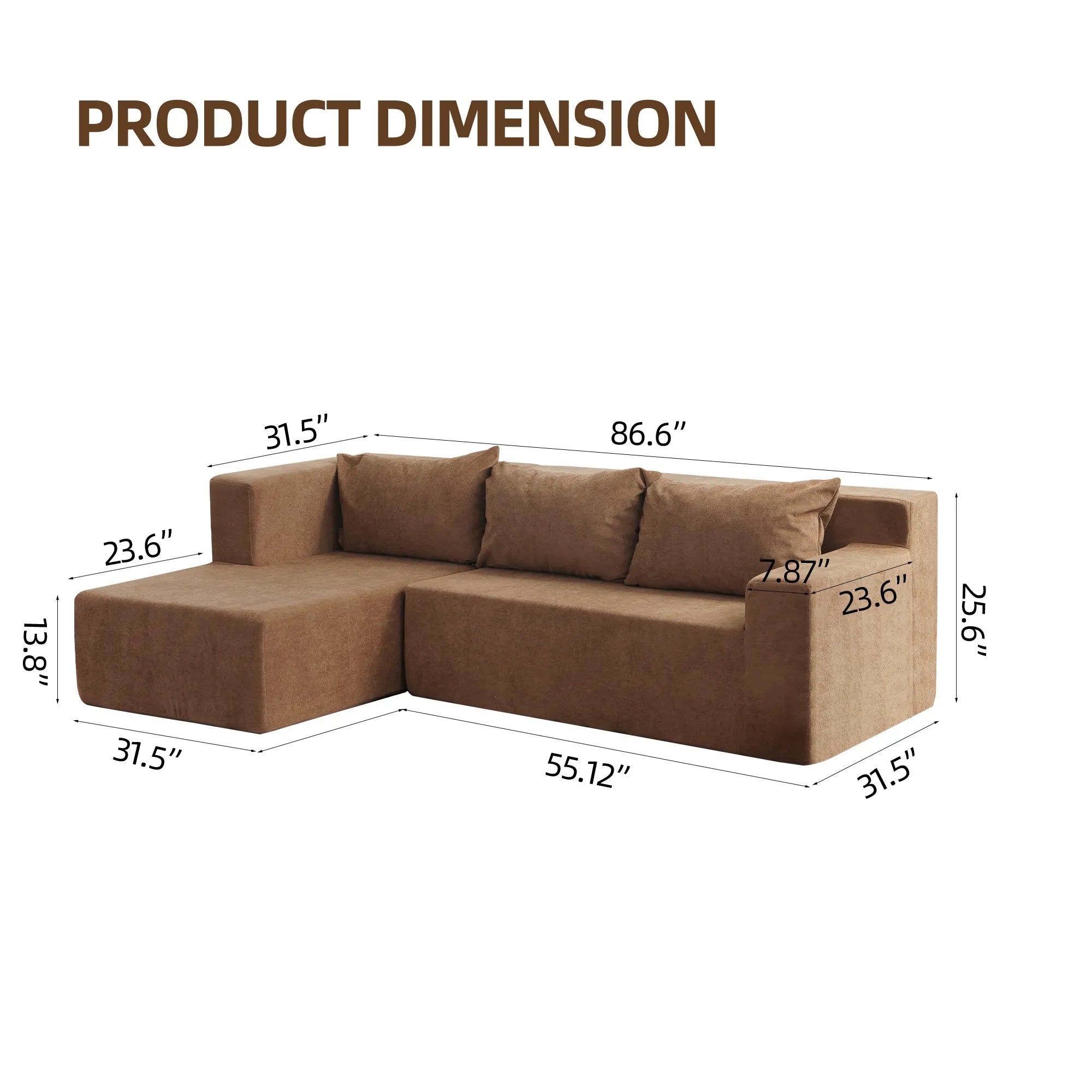 Modular Sofa, L-Shape Sectional Couch with Chaise, Brown