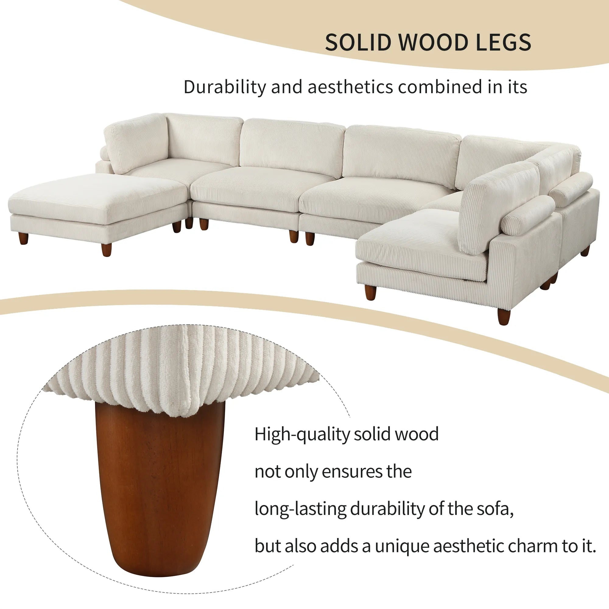 Large U-Shaped Sectional, Corduroy Couch with Ottoman, Beige