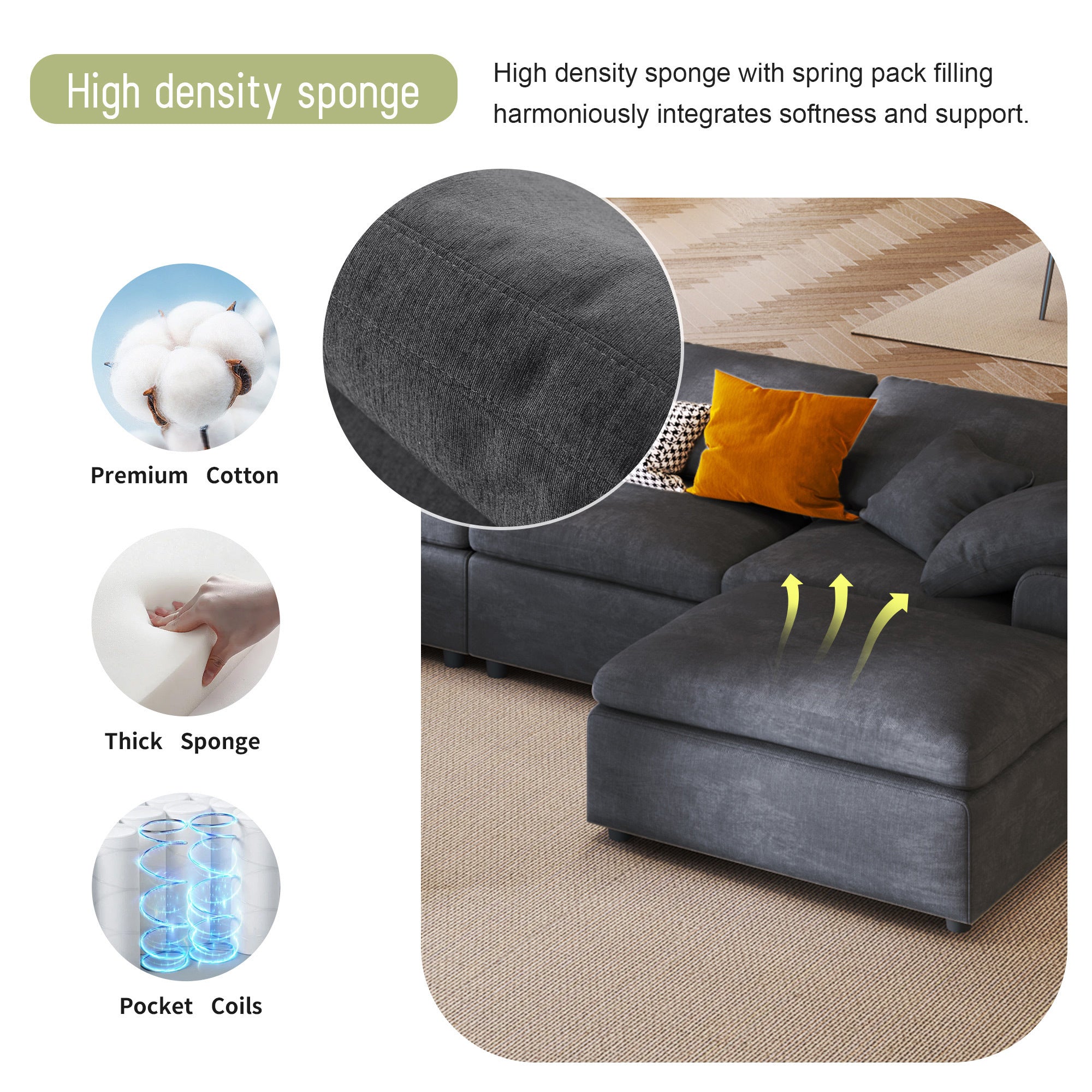 Large Modular Couch, U Shaped Sectional Sofa with Ottoman, Grey