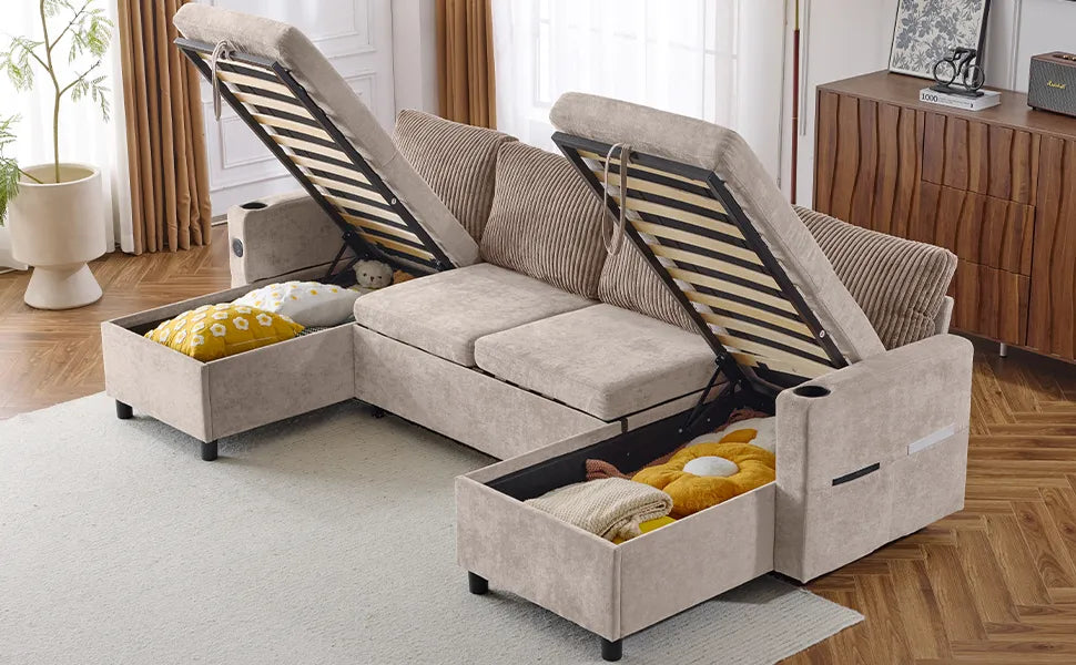 Corduroy Couch with Chaise Sleeper, Sectional Sofa Pull-Out, Brown