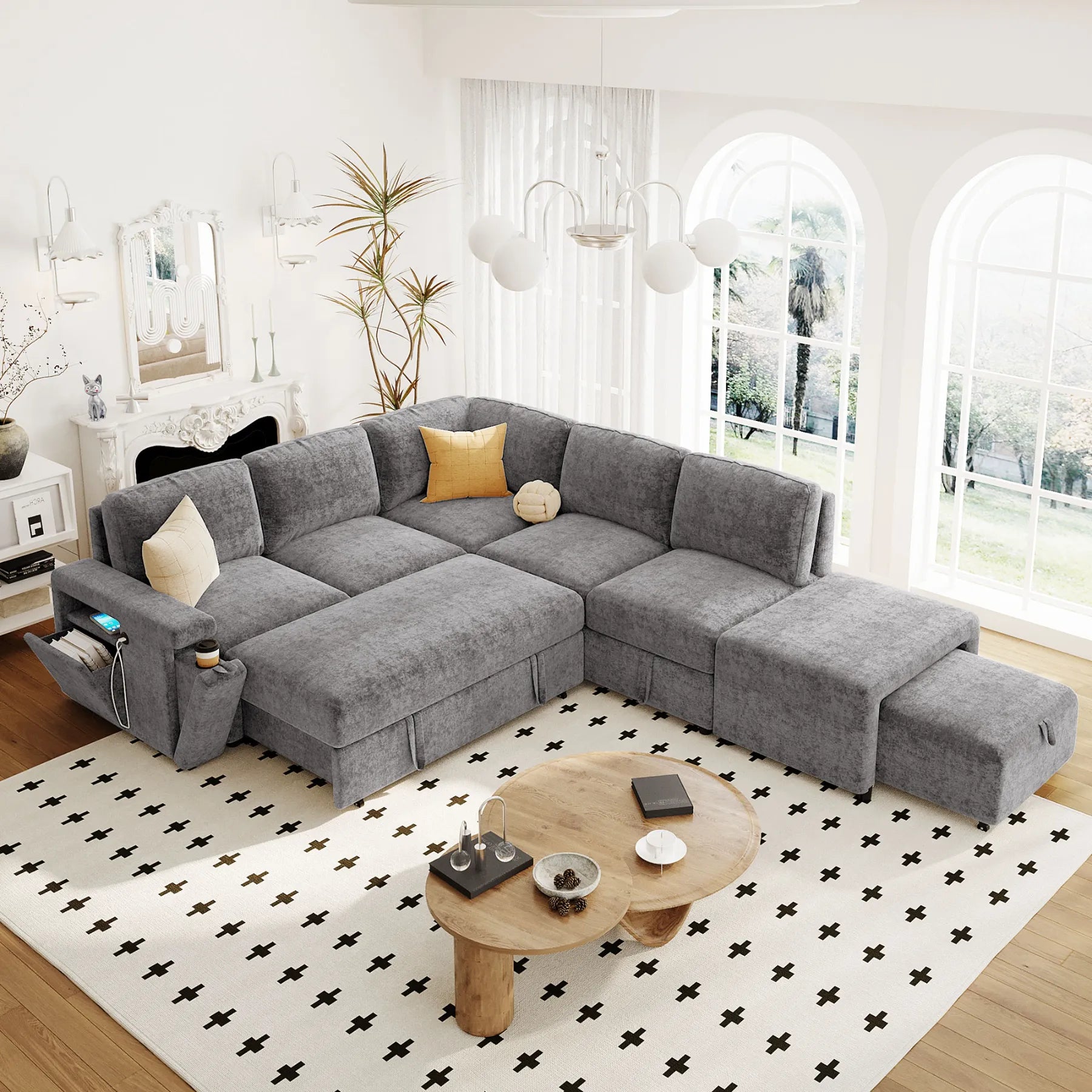 Sleeper Sectional, Sofa L Shape, Couch with Ottoman and Storage, Gray