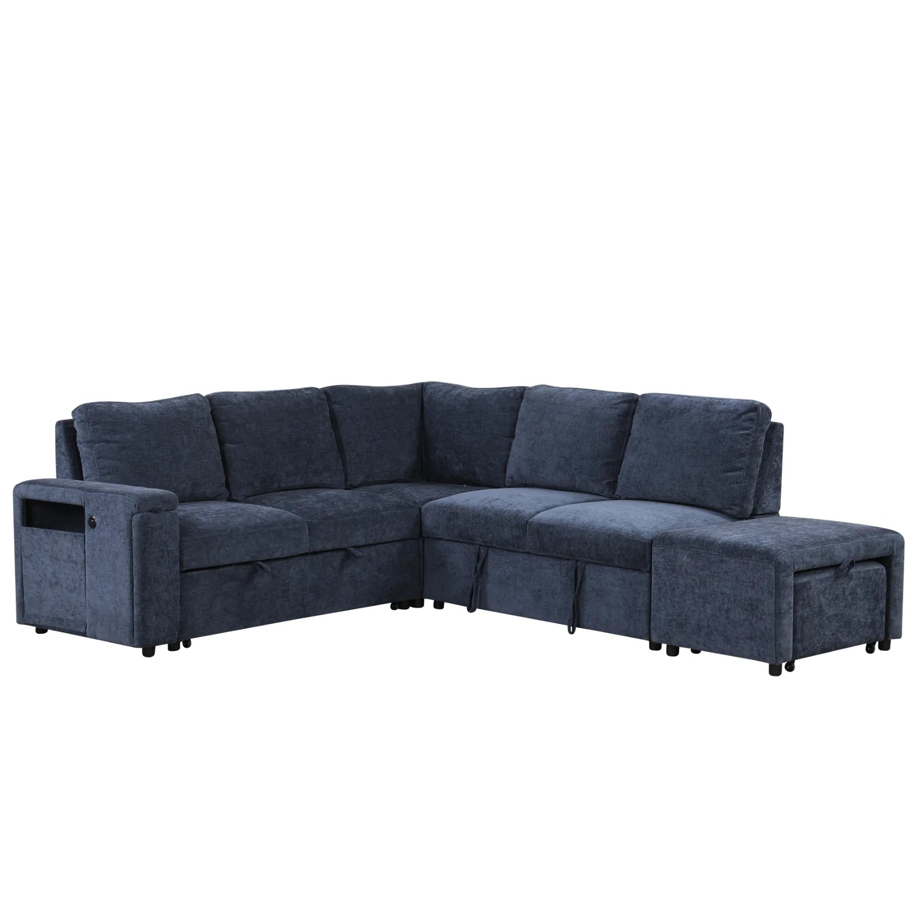 Sleeper Sectional, Sofa L Shape, Couch with Ottoman and Storage, Blue