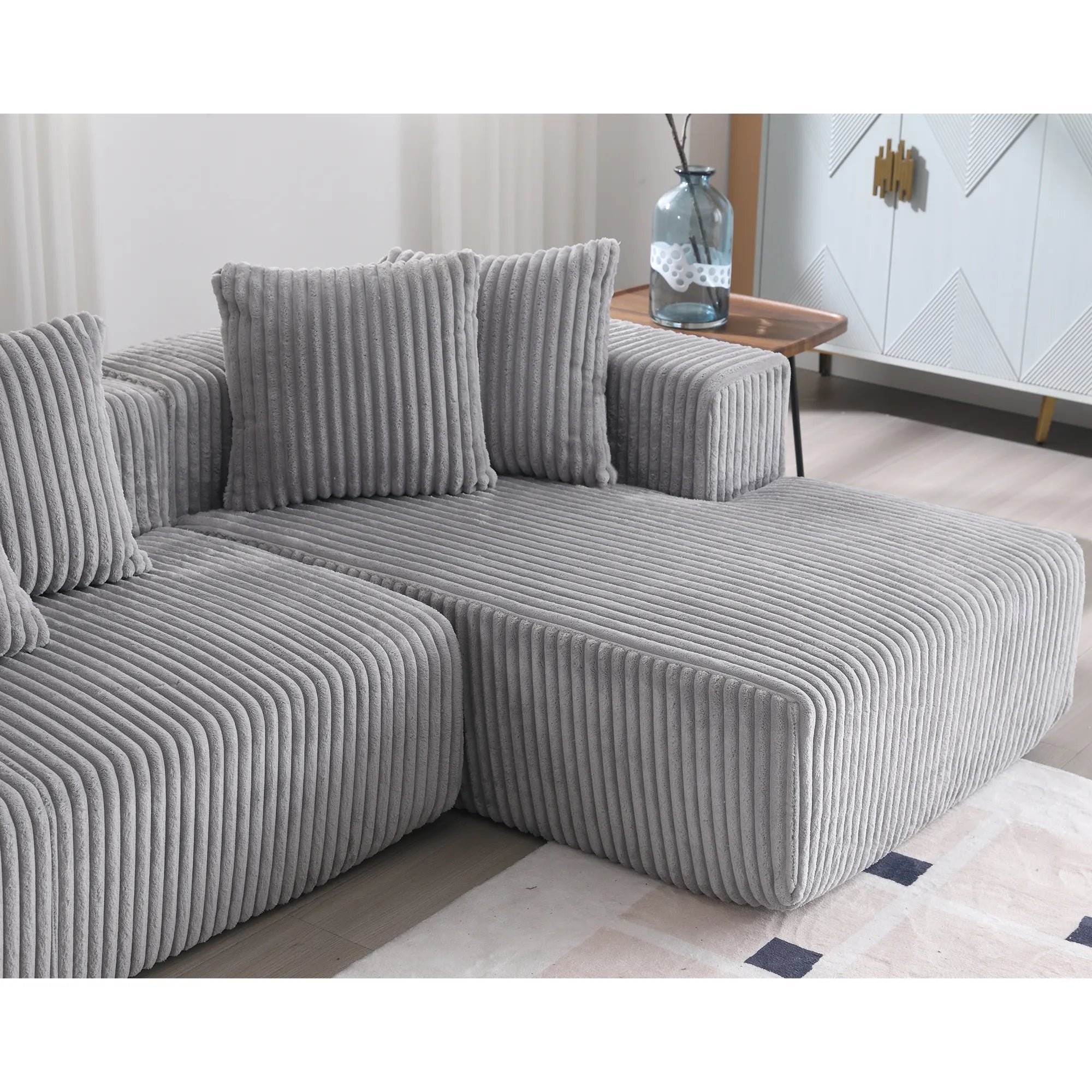 Modular U Shaped Sectional, Corduroy Couch with Double Chaise, Gray