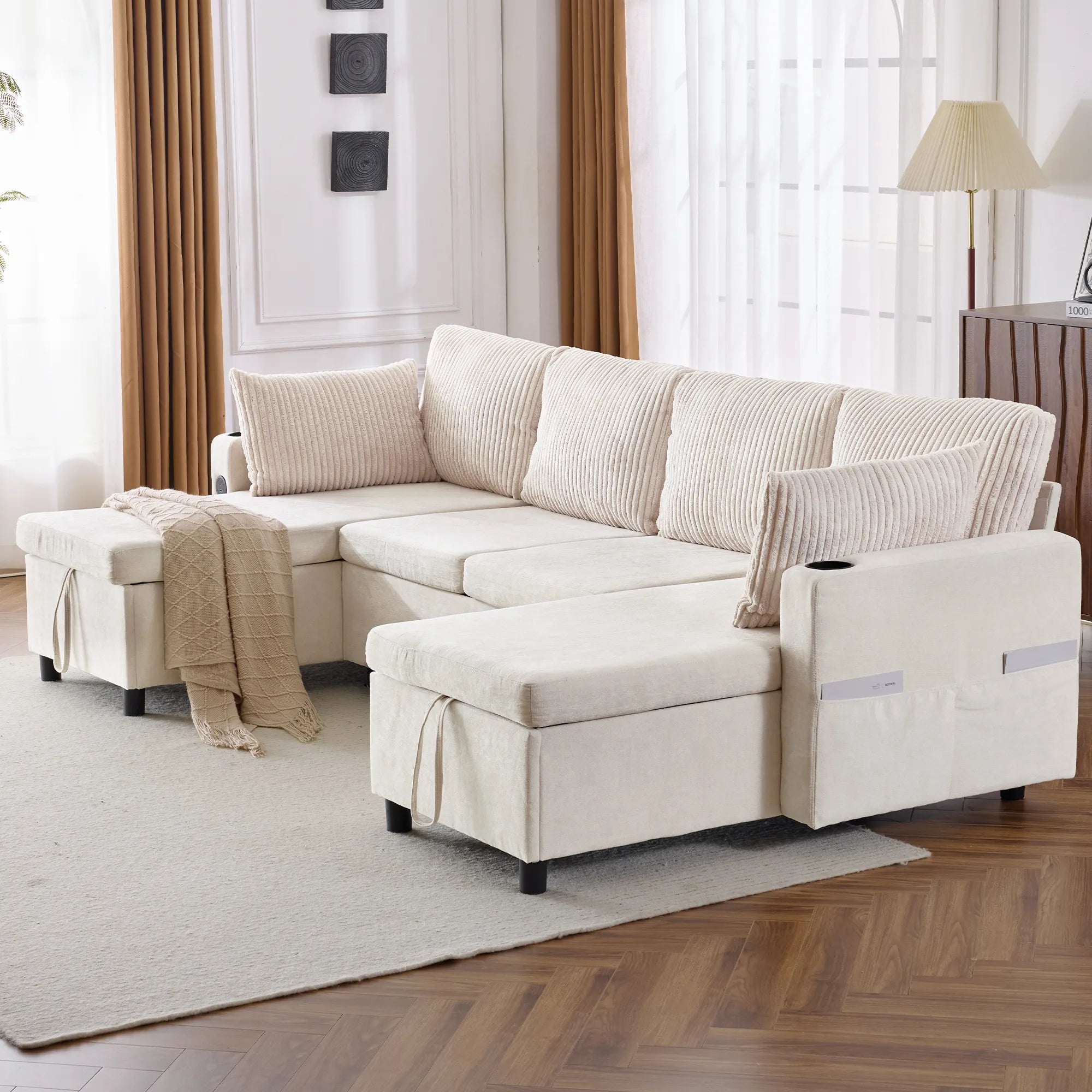Corduroy Couch with Chaise Sleeper, Sectional Sofa Pull-Out, Beige