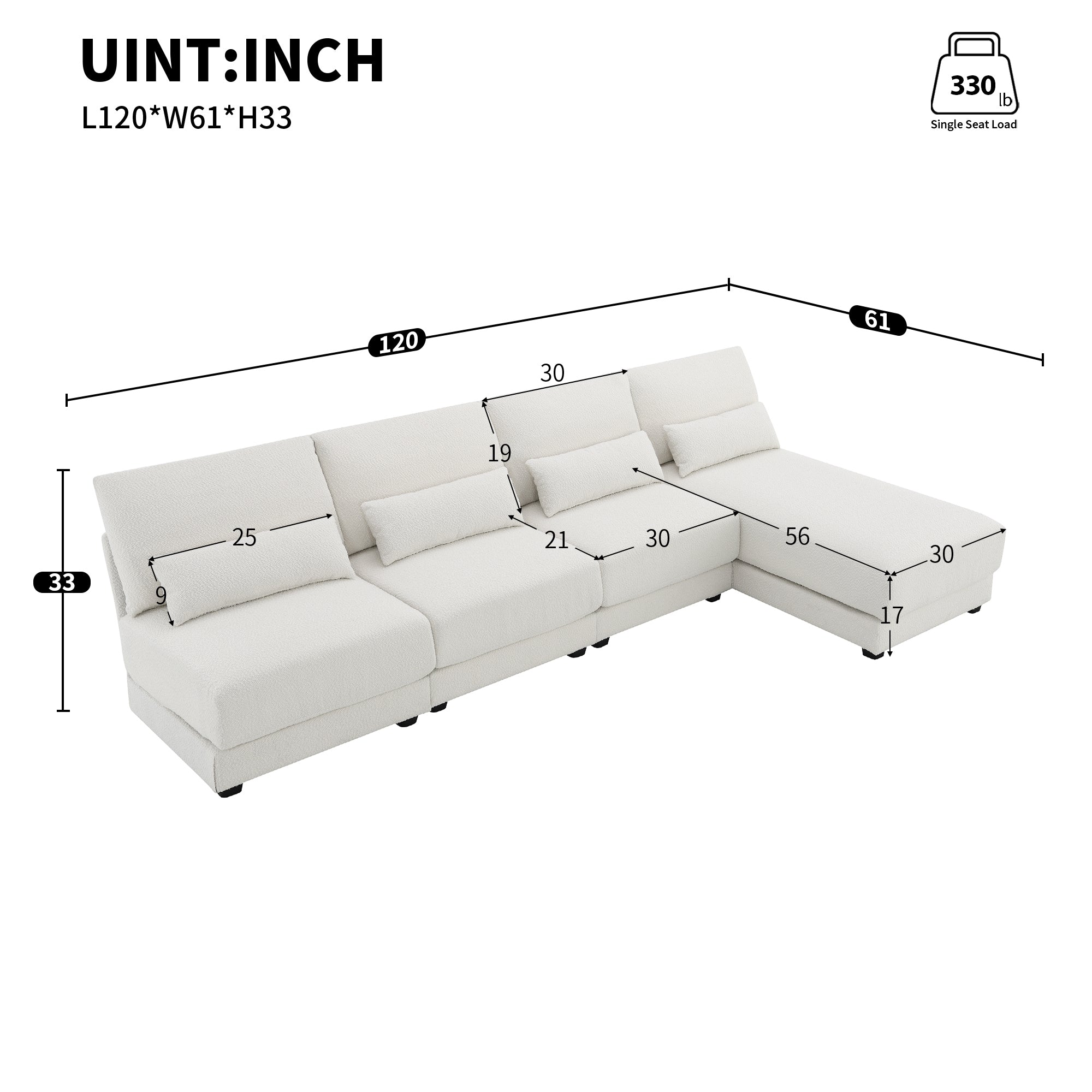 L Shape Couch, Deep Seat Sectional Sofa with Reversible Chaise, Cream