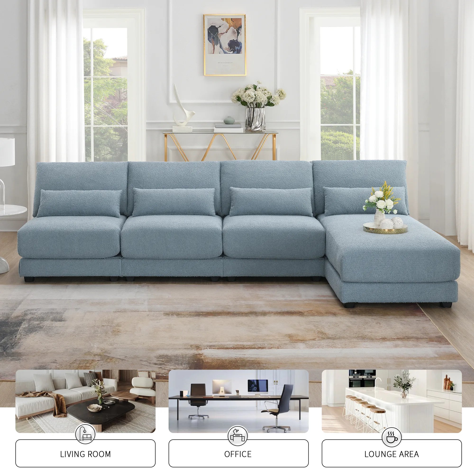 L Shape Couch, Deep Seat Sectional Sofa with Reversible Chaise, Blue