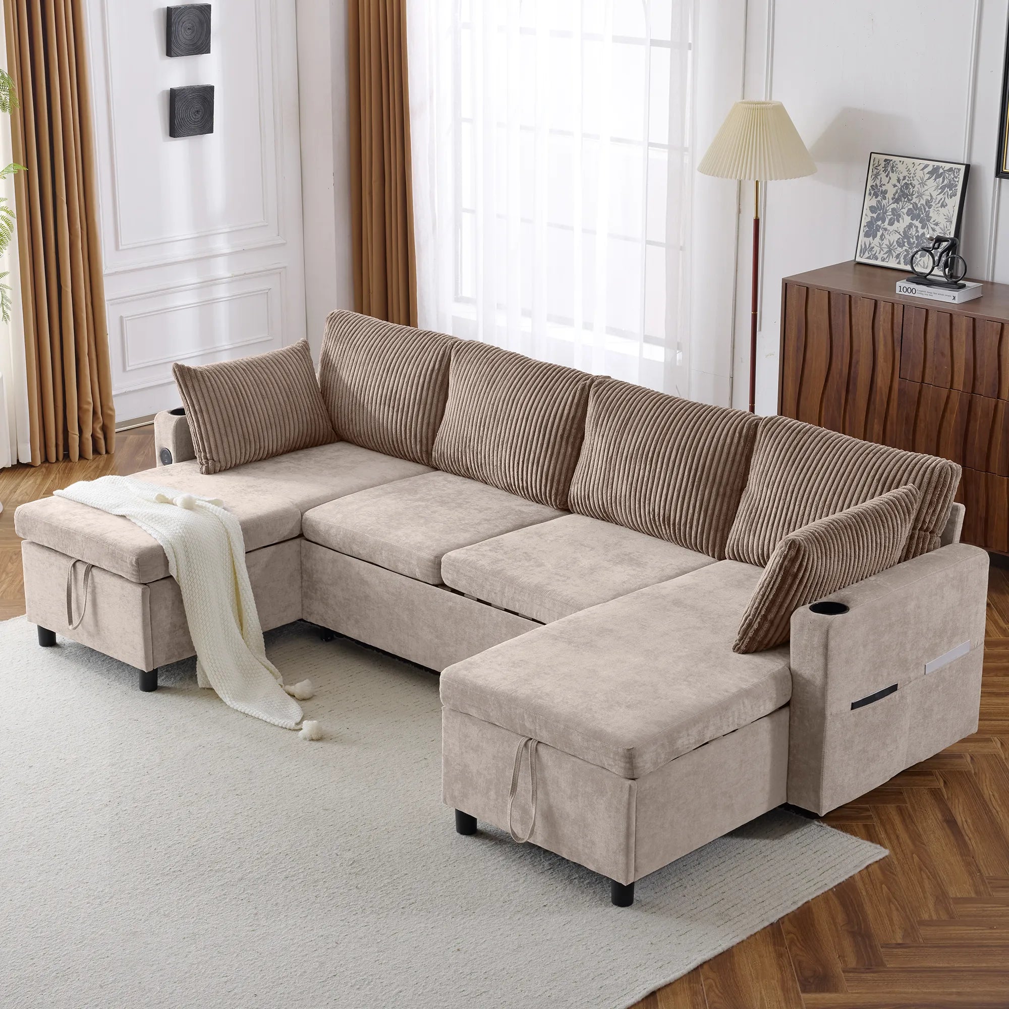 Corduroy Couch with Chaise Sleeper, Sectional Sofa Pull-Out, Brown