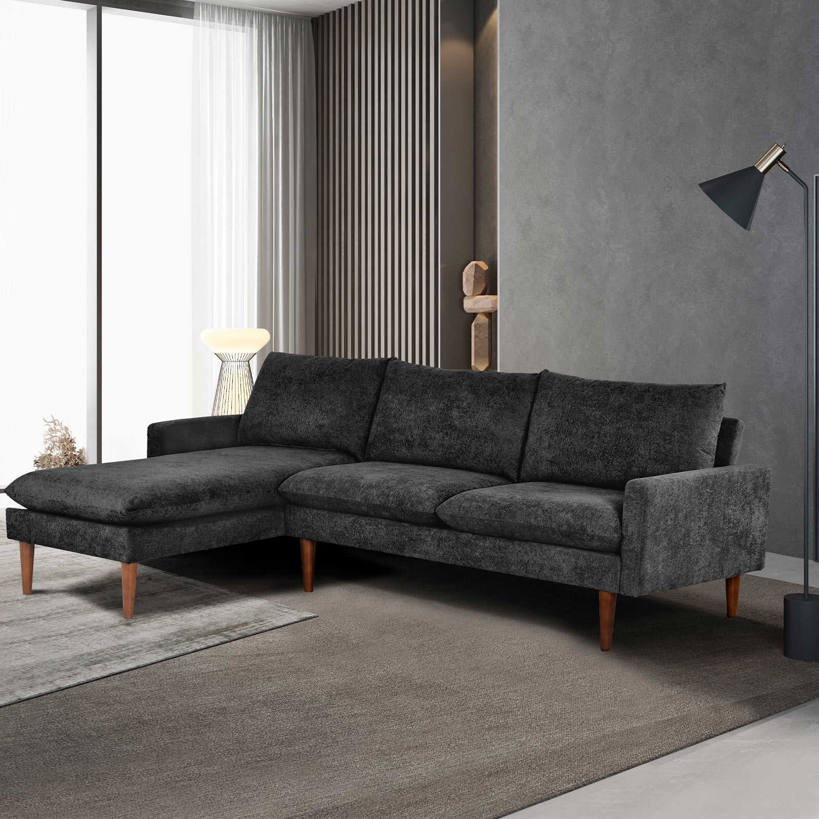 Louie Small Velvet Couch, L Shape Sofa with Chaise, Black