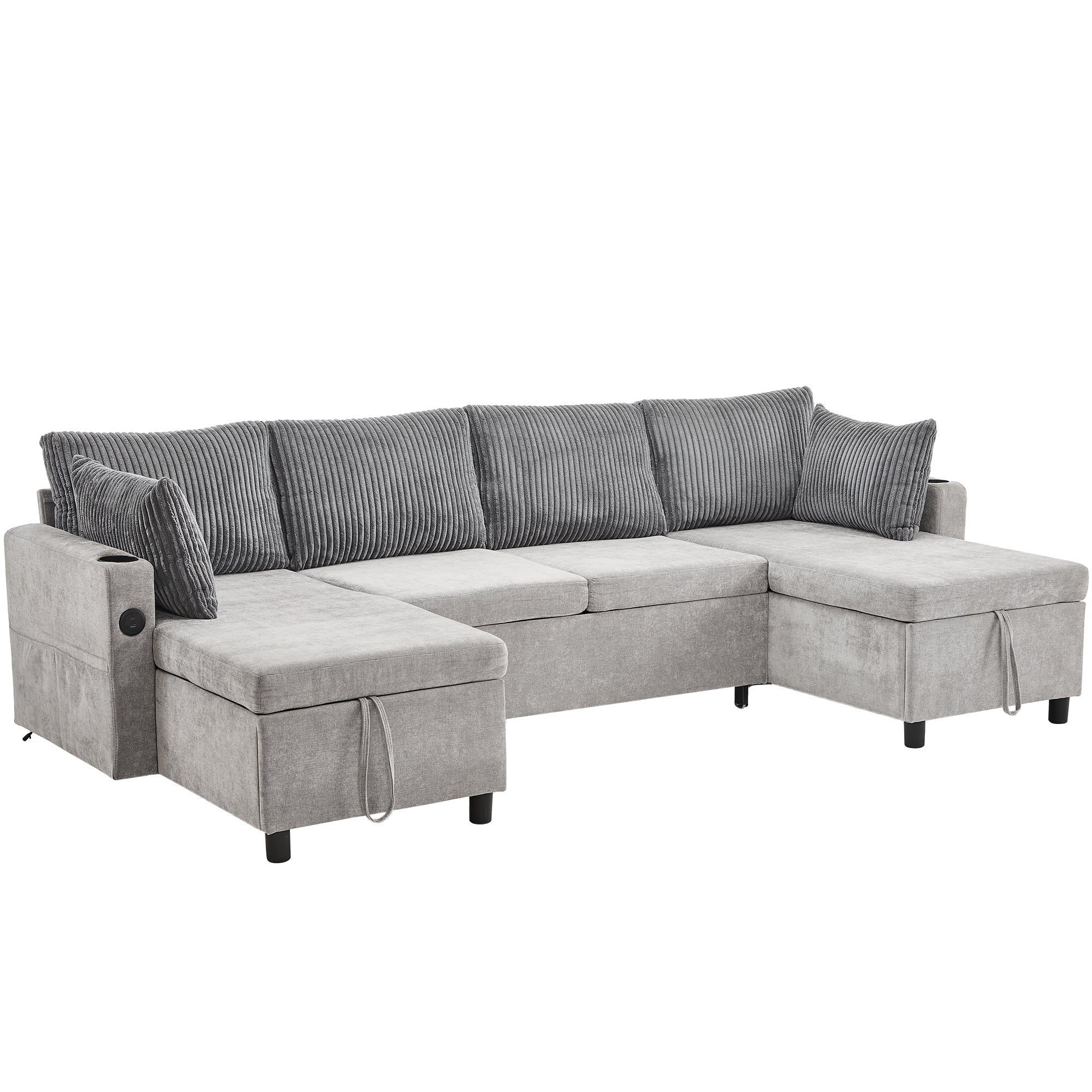 Corduroy Couch with Chaise Sleeper, Sectional Sofa Pull-Out, Grey