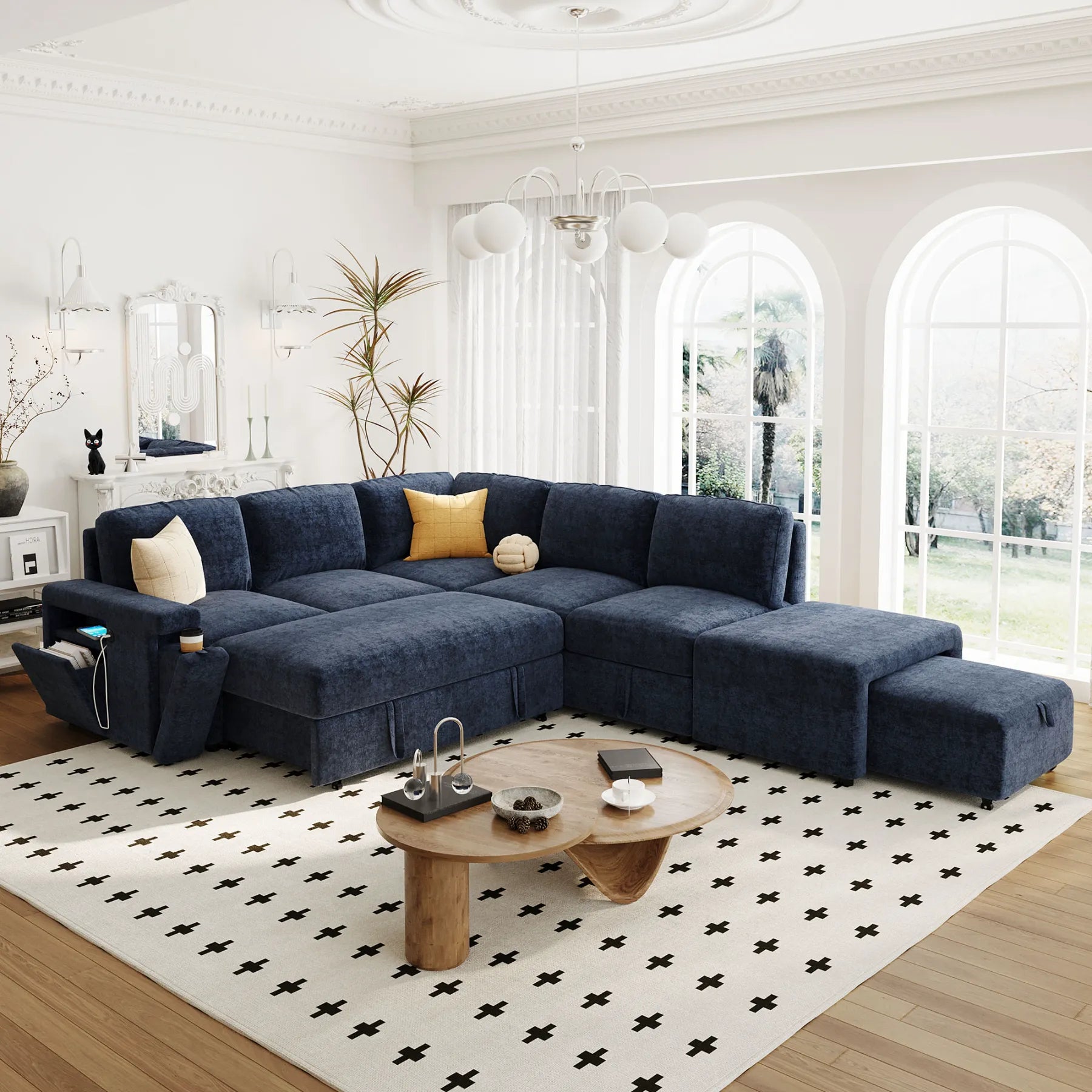 Sleeper Sectional, Sofa L Shape, Couch with Ottoman and Storage, Blue