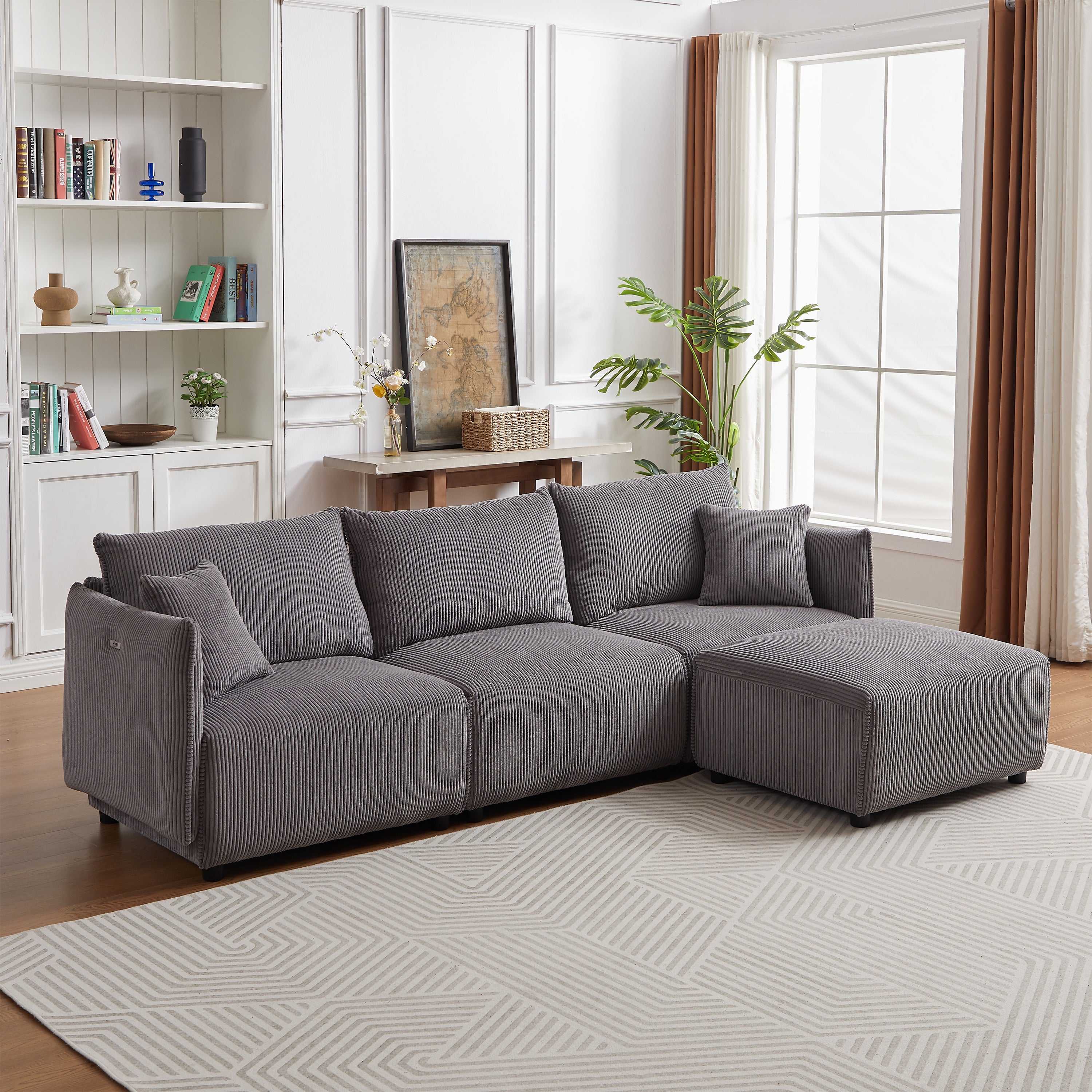 L Shape Modular Sectional Sofa, Corduroy Couch with Ottoman - Gray