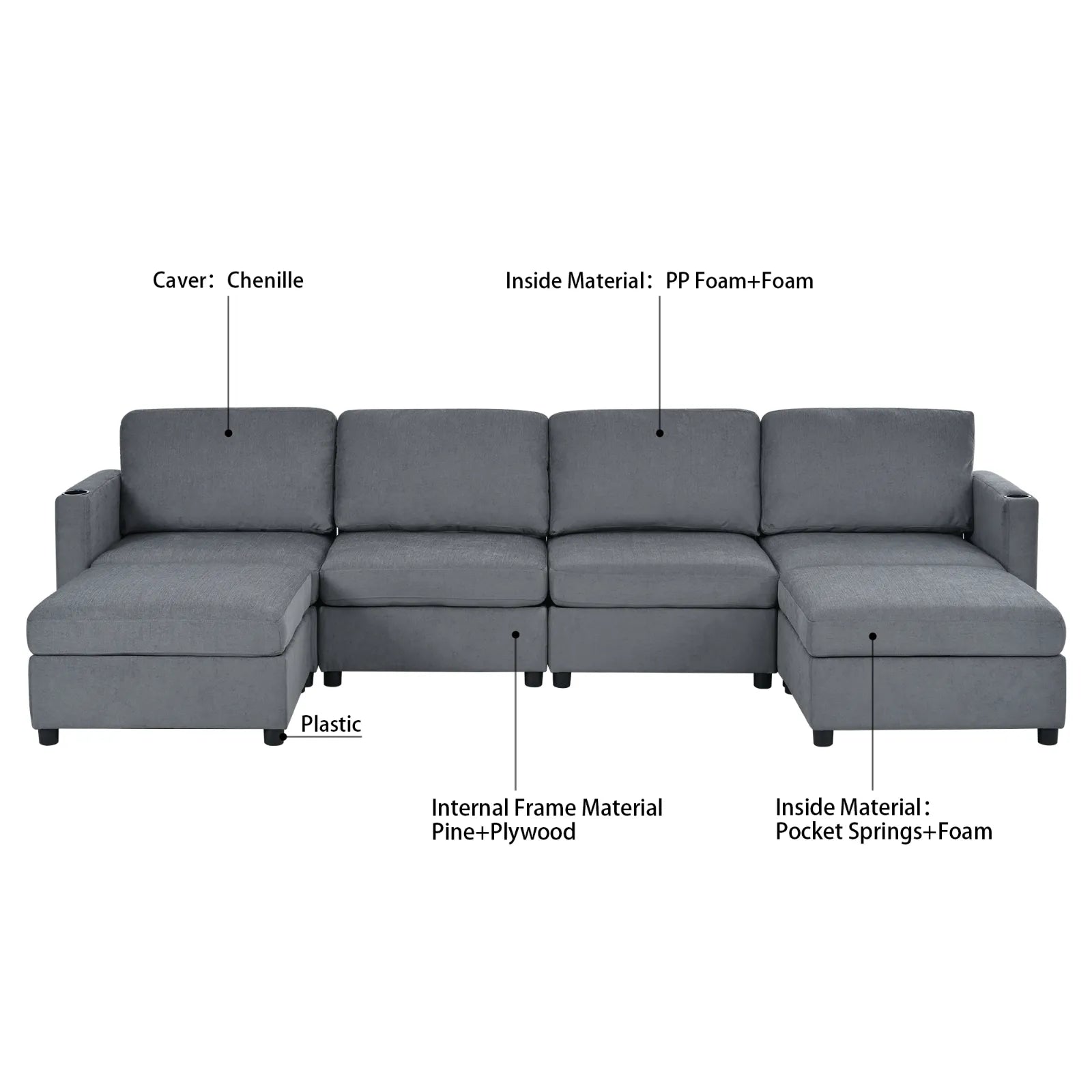 Large Sectional Couch with Storage, Sofa with Chaise- Gray