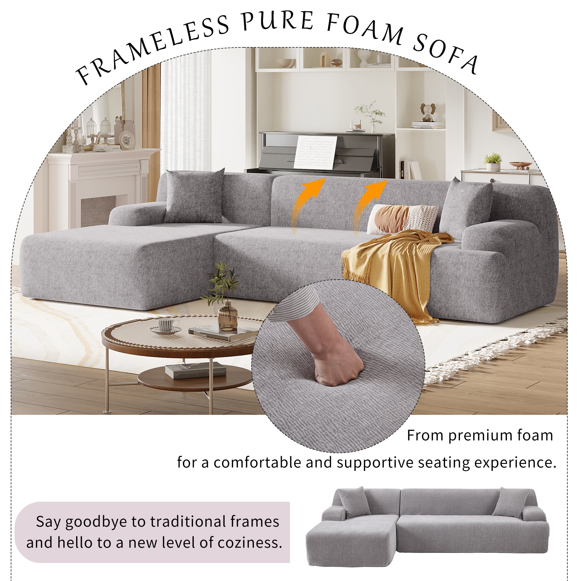 Modular Couch, L-Shaped Sofa with Chaise, Grey