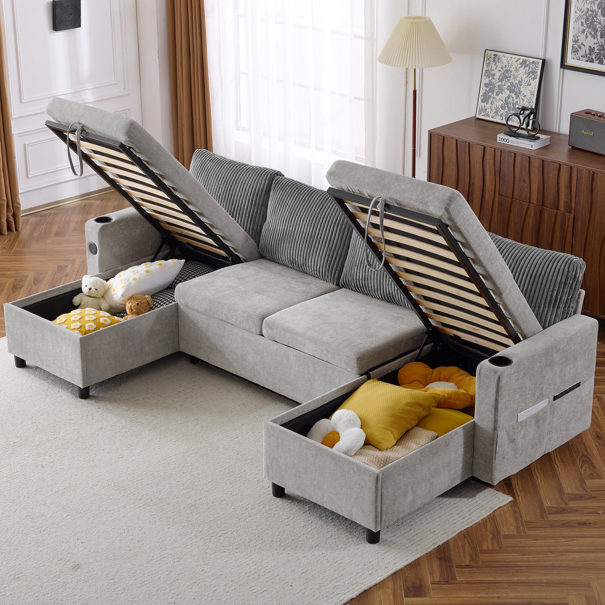 Corduroy Couch with Chaise Sleeper, Sectional Sofa Pull-Out, Grey