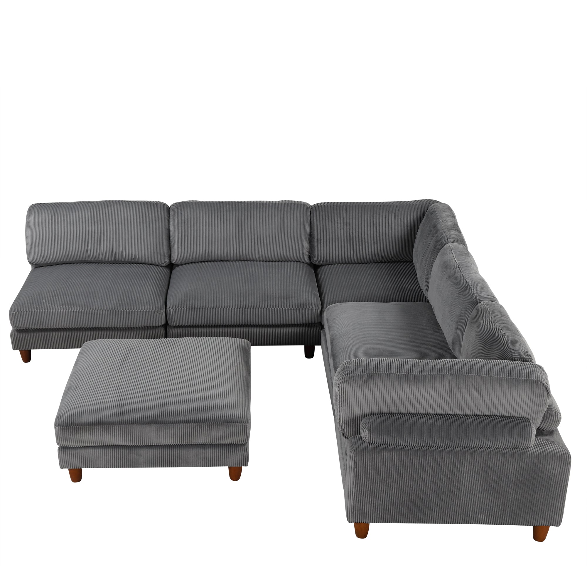 Large U-Shaped Sectional, Corduroy Couch with Ottoman, Gray