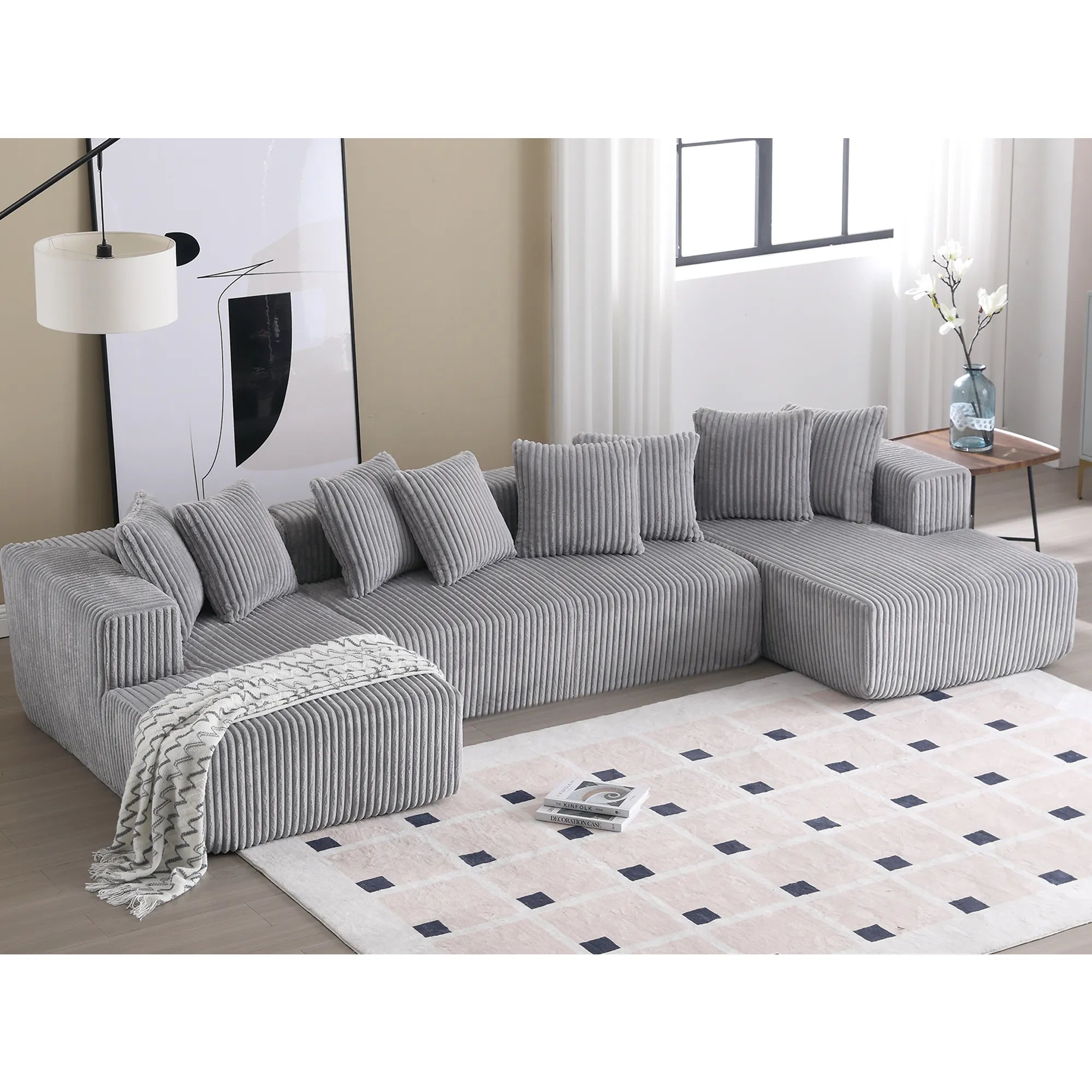 Modular U Shaped Sectional, Corduroy Couch with Double Chaise, Gray