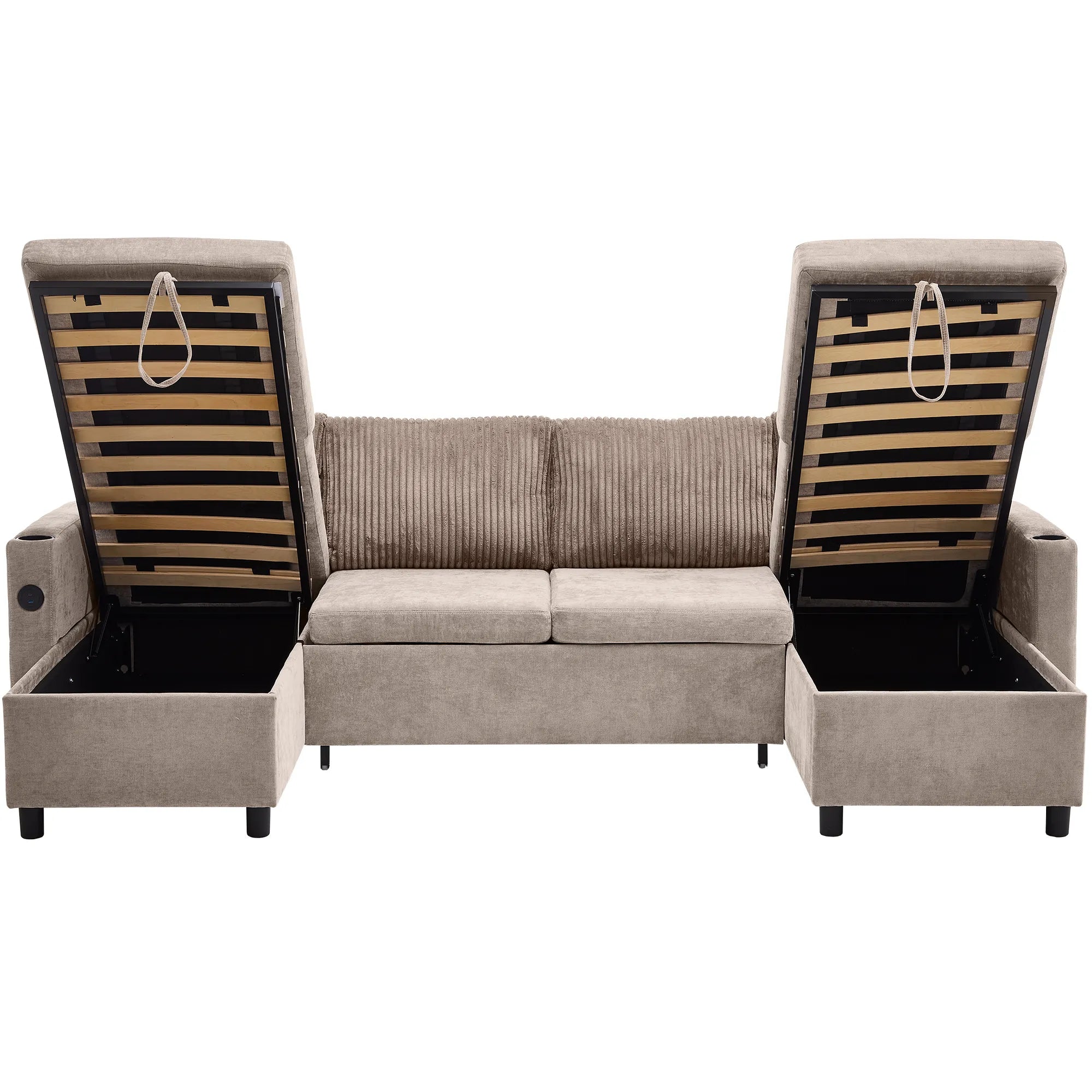 Corduroy Couch with Chaise Sleeper, Sectional Sofa Pull-Out, Brown