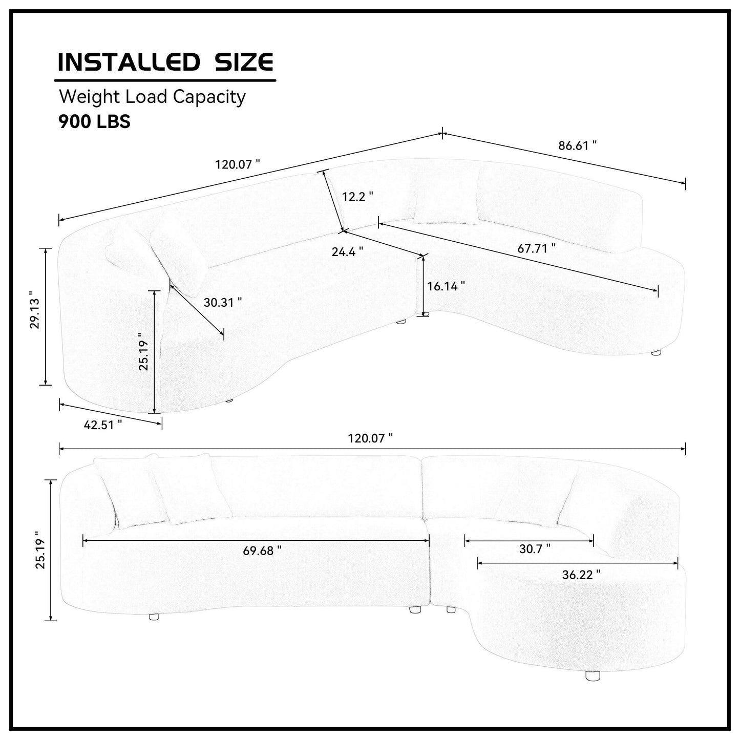 Luxury Curved Sofa, White Sectional Couch with Chaise