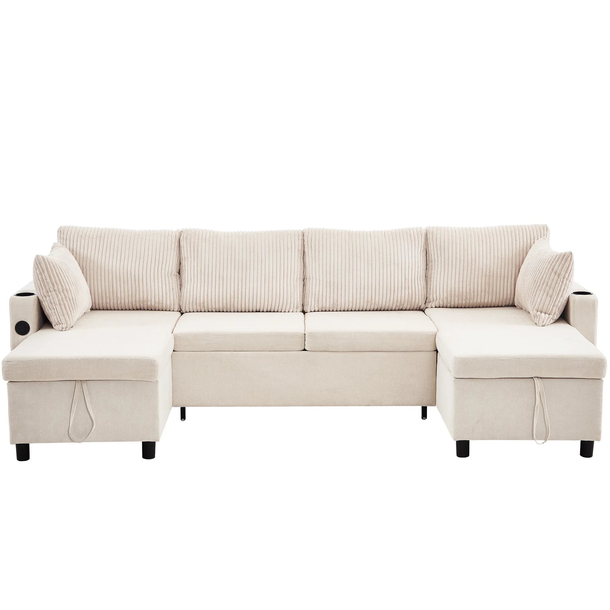 Corduroy Couch with Chaise Sleeper, Sectional Sofa Pull-Out, Beige