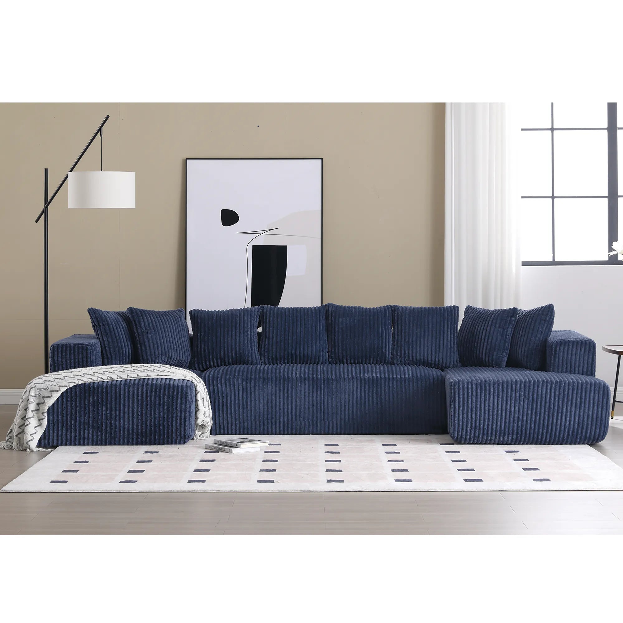 Modular U Shaped Sectional, Corduroy Couch with Double Chaise, Blue