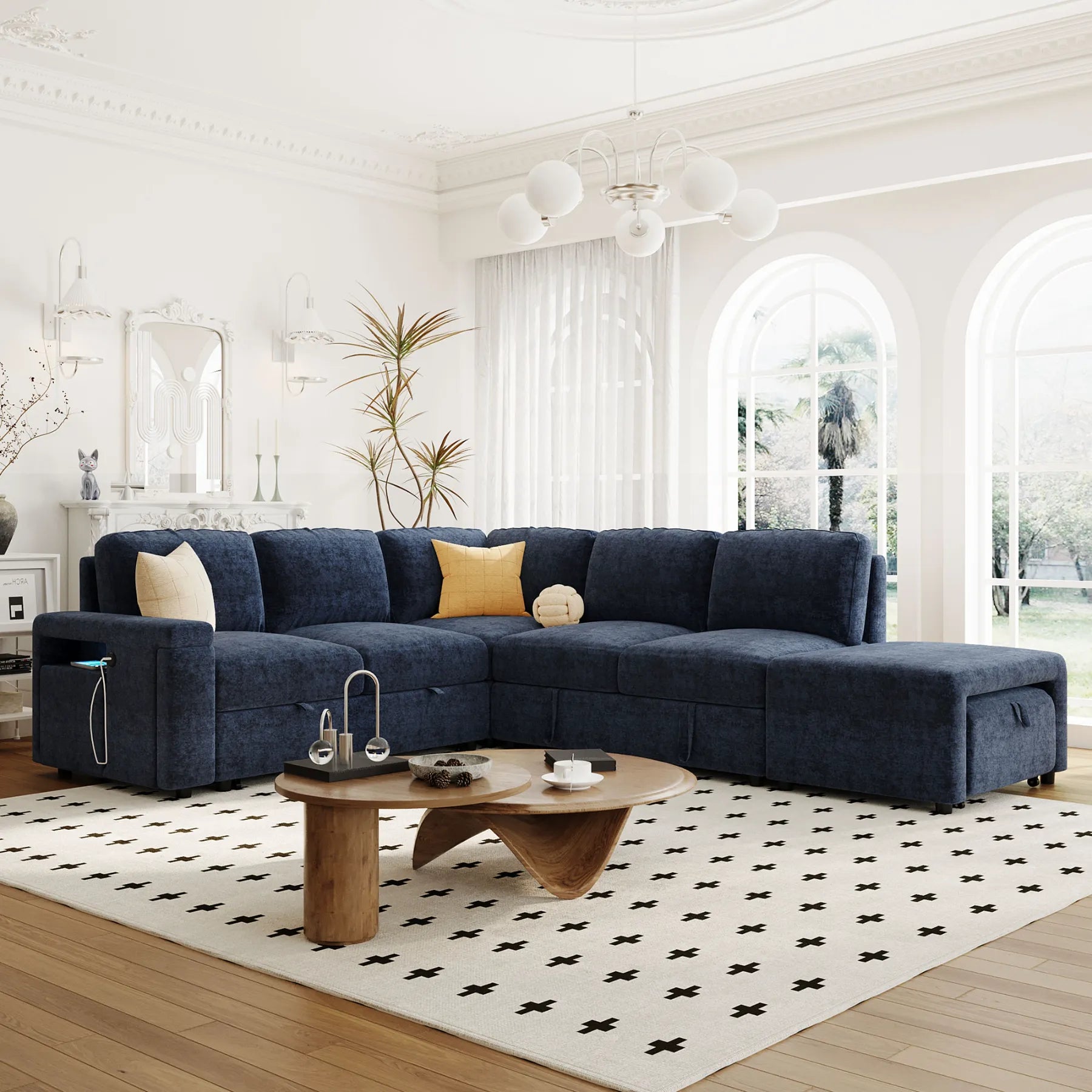 Sleeper Sectional, Sofa L Shape, Couch with Ottoman and Storage, Blue
