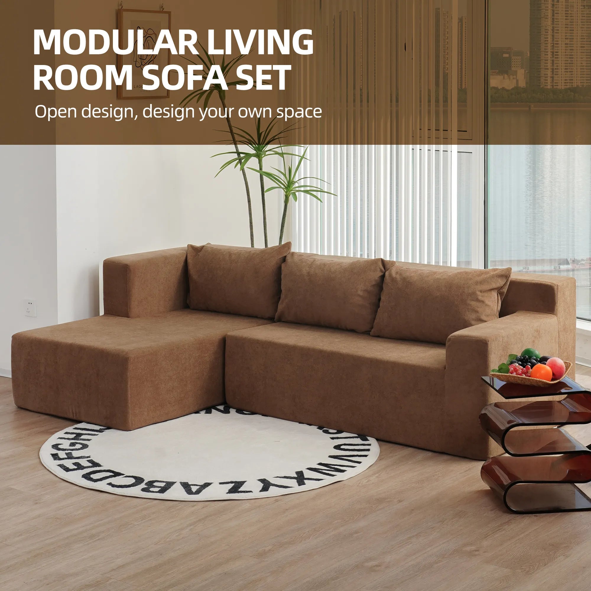 Modular Sofa, L-Shape Sectional Couch with Chaise, Brown
