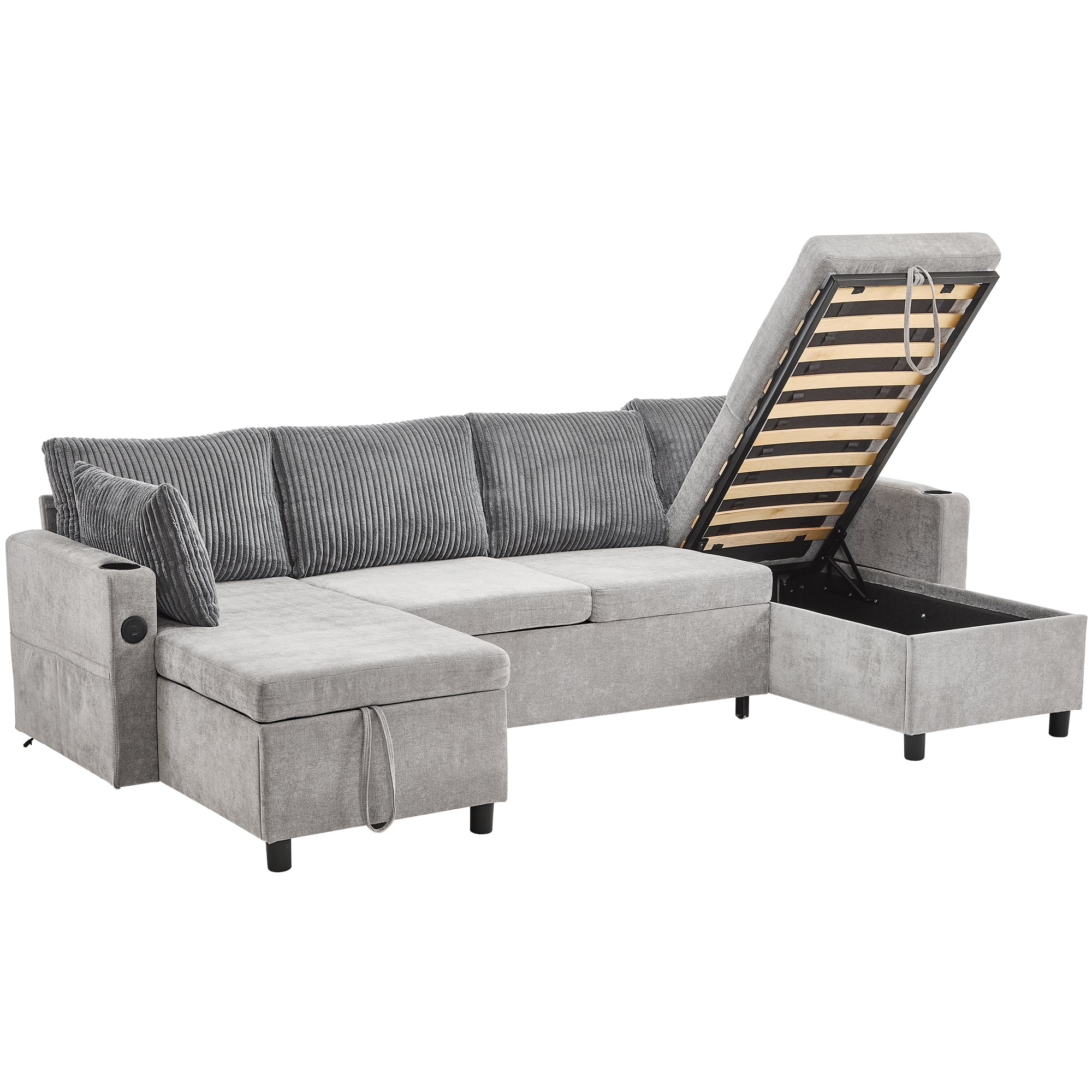 Corduroy Couch with Chaise Sleeper, Sectional Sofa Pull-Out, Grey