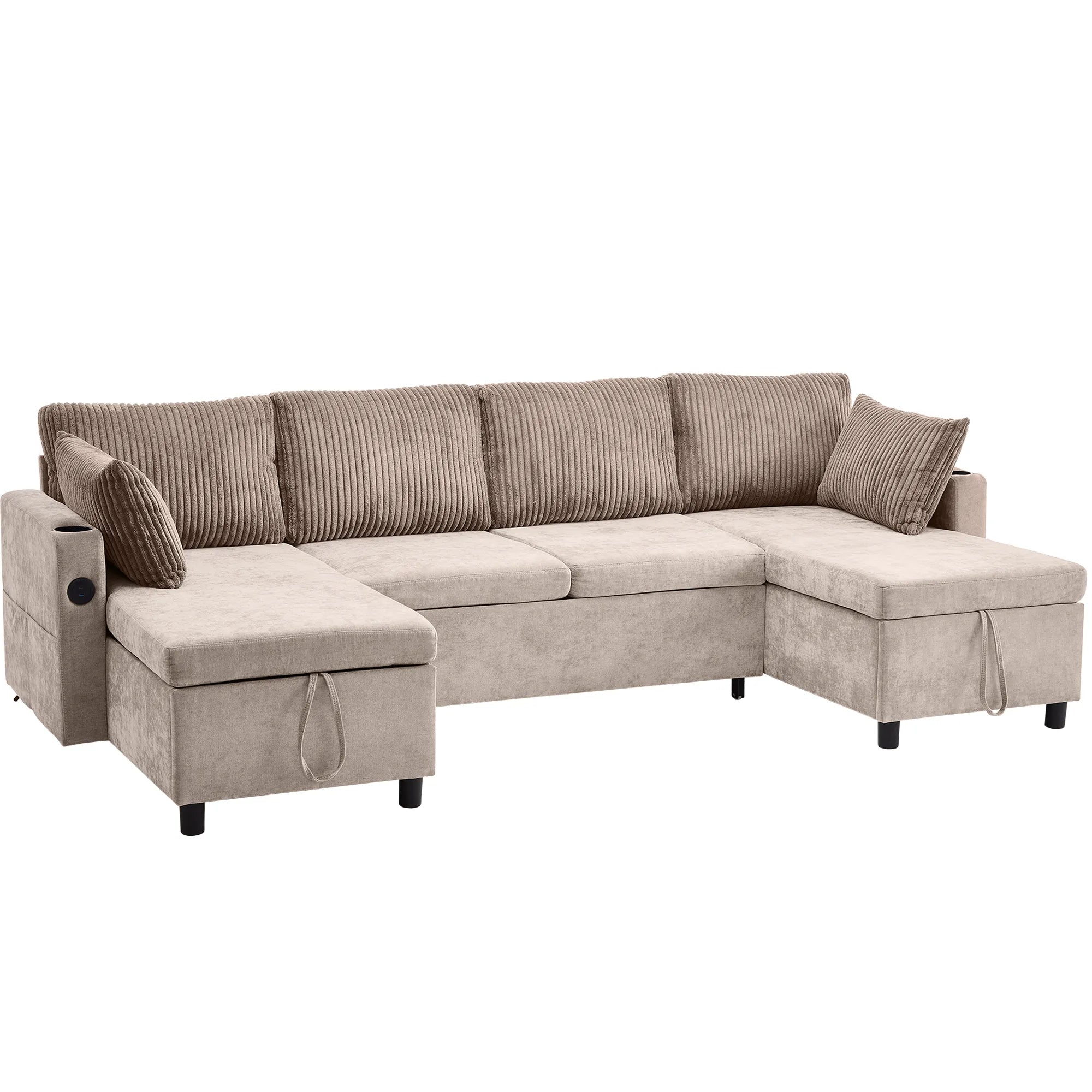Corduroy Couch with Chaise Sleeper, Sectional Sofa Pull-Out, Brown