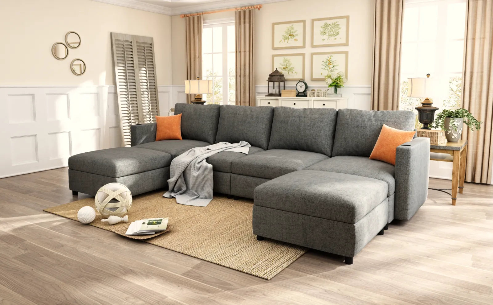 Large Sectional Couch with Storage, Sofa with Chaise- Gray