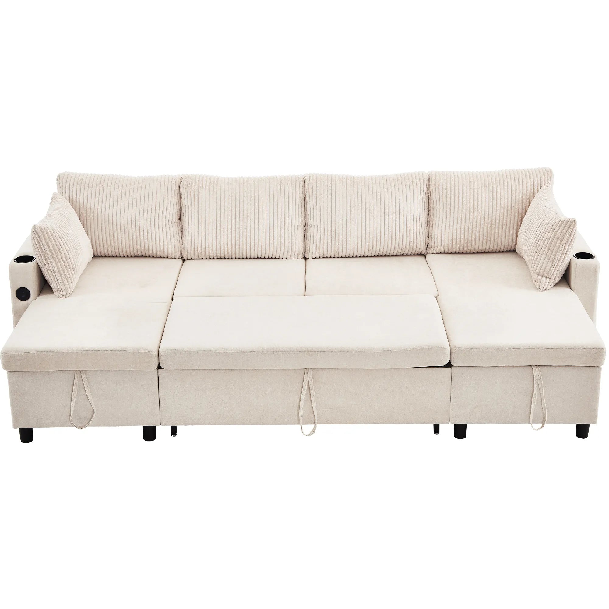 Corduroy Couch with Chaise Sleeper, Sectional Sofa Pull-Out, Beige