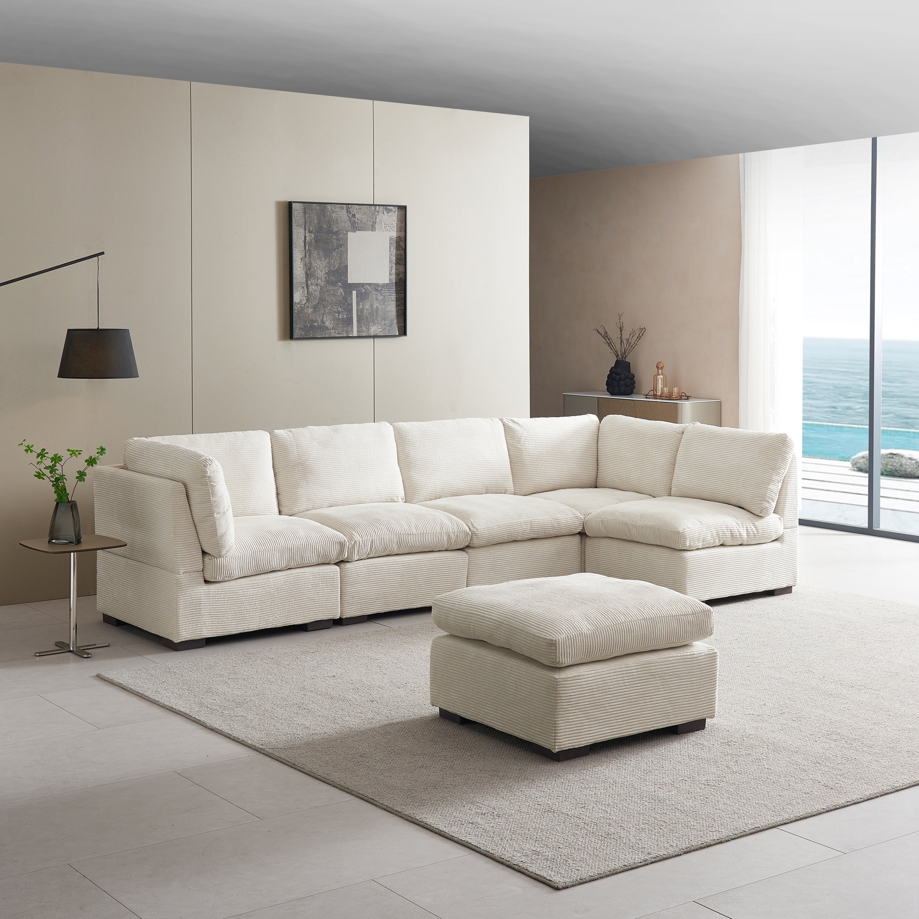 L-Shaped Couch, 6-Seat Corduroy Sofa, Couch with Ottoman, Beige