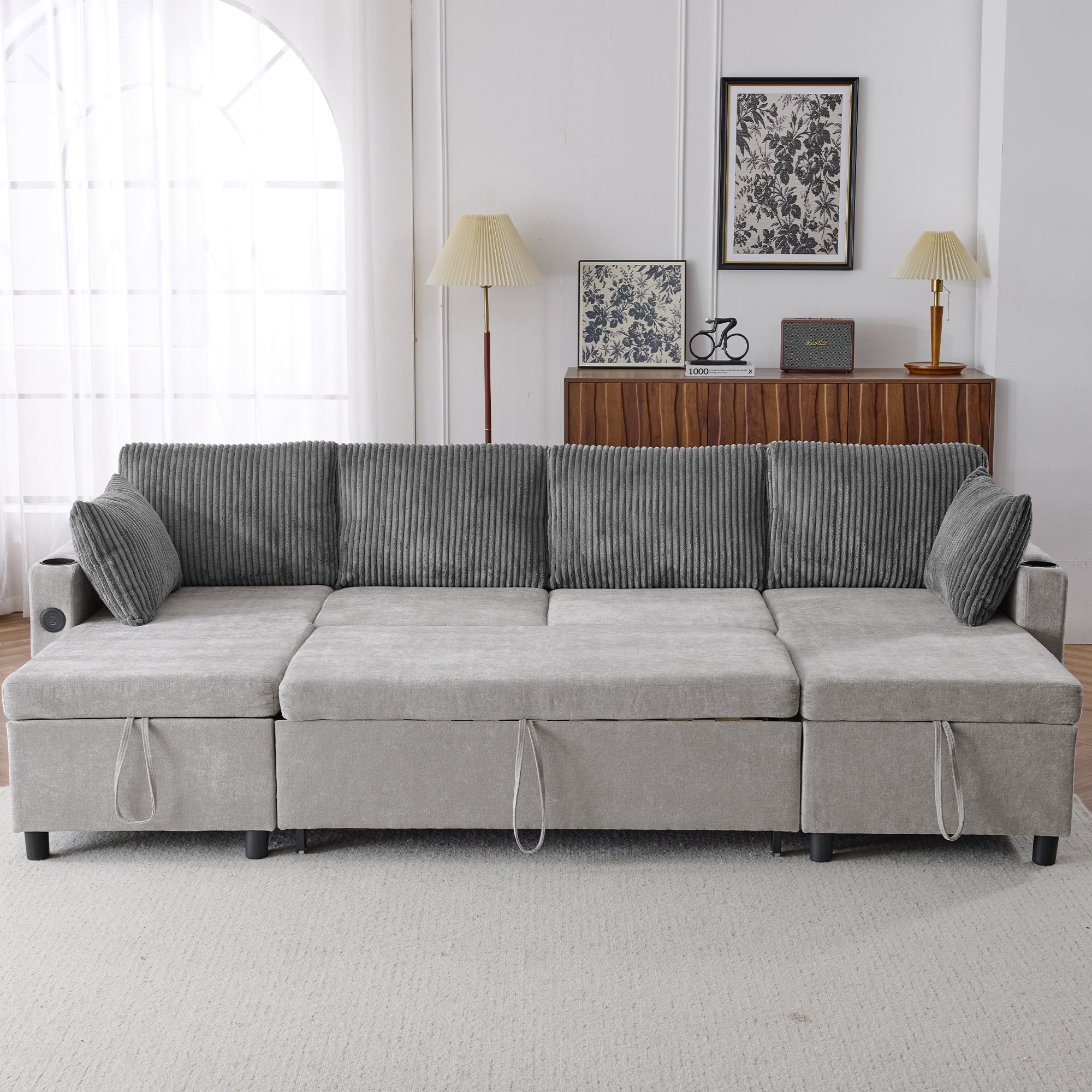 Corduroy Couch with Chaise Sleeper, Sectional Sofa Pull-Out, Grey