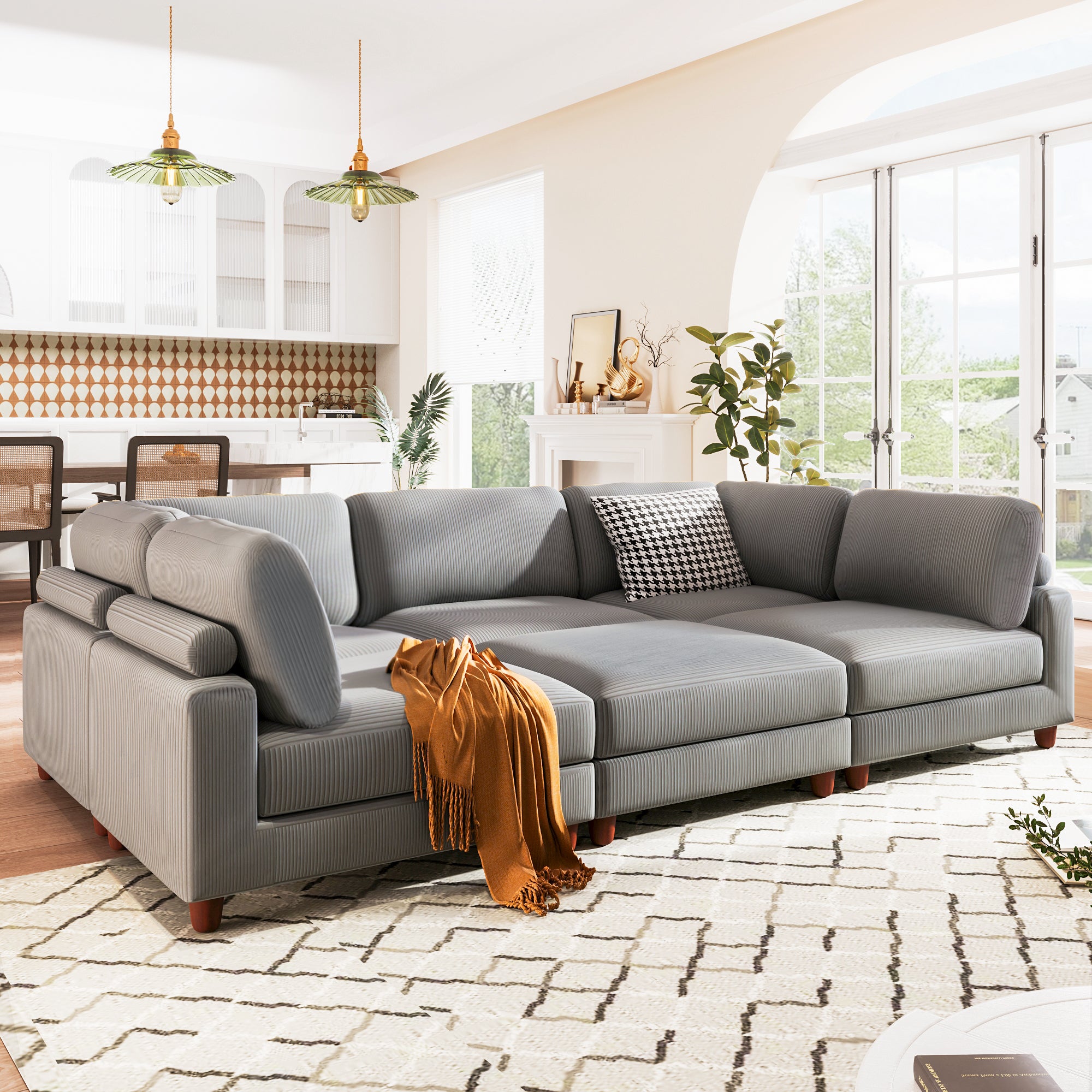 Large U-Shaped Sectional, Corduroy Couch with Ottoman, Gray