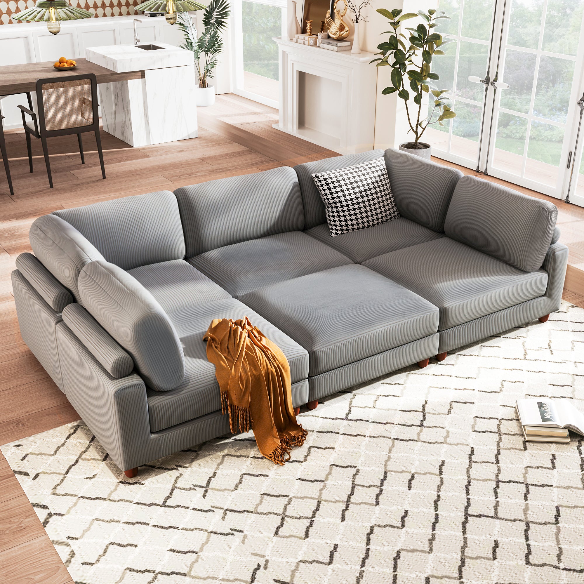 Large U-Shaped Sectional, Corduroy Couch with Ottoman, Gray