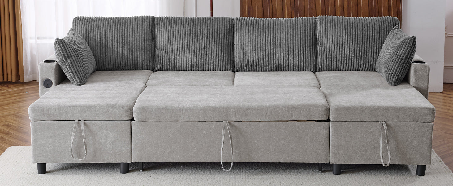 Corduroy Couch with Chaise Sleeper, Sectional Sofa Pull-Out, Grey